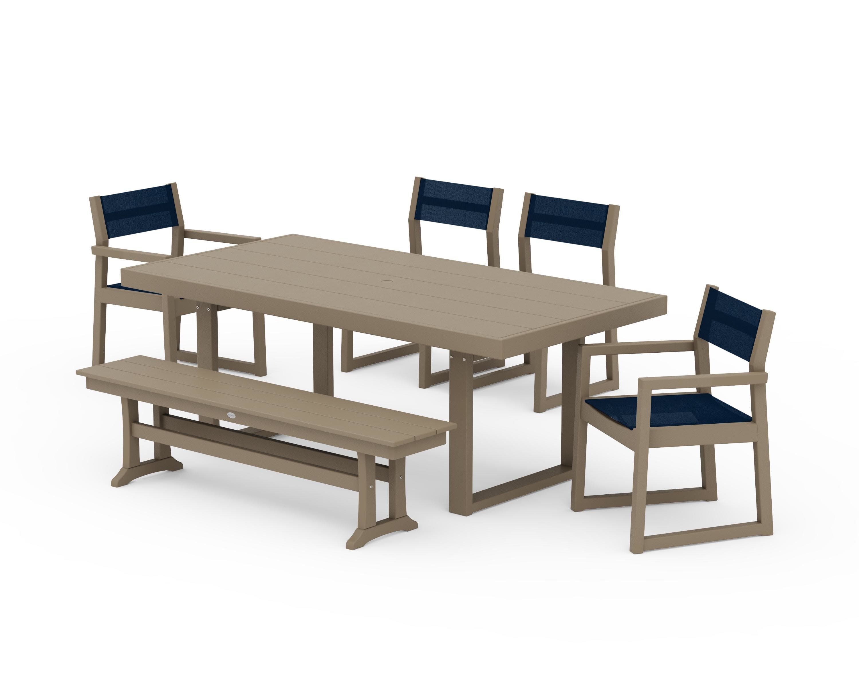 EDGE Sling 6-Piece Dining Set with Bench in Vintage Sahara / Navy Blue Sling