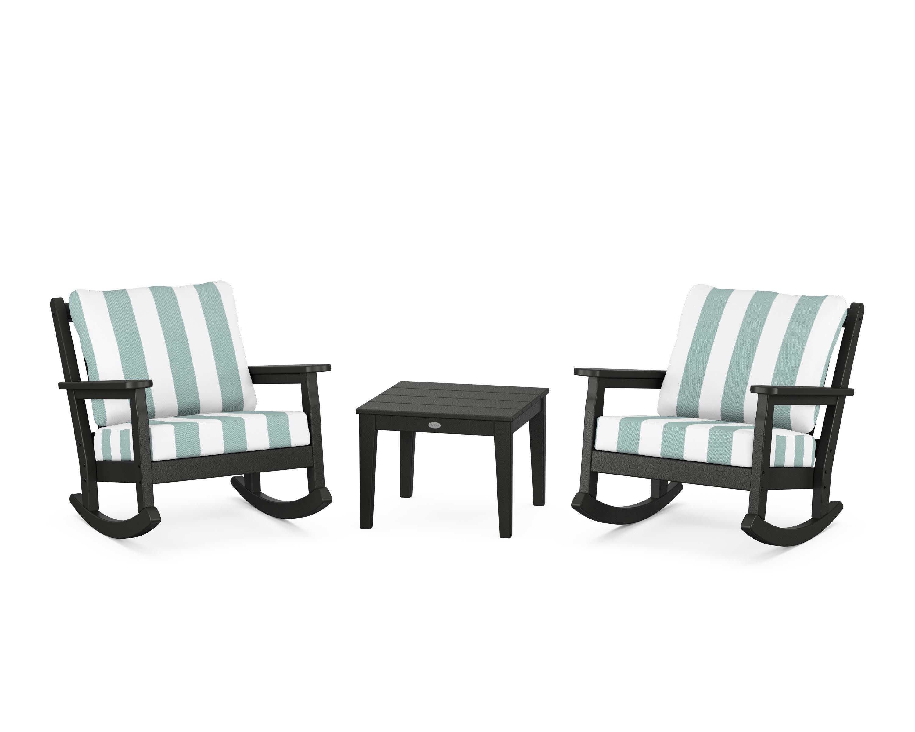 Chippendale 3-Piece Deep Seating Rocker Set in Black / Cabana Stripe Glacier Spa