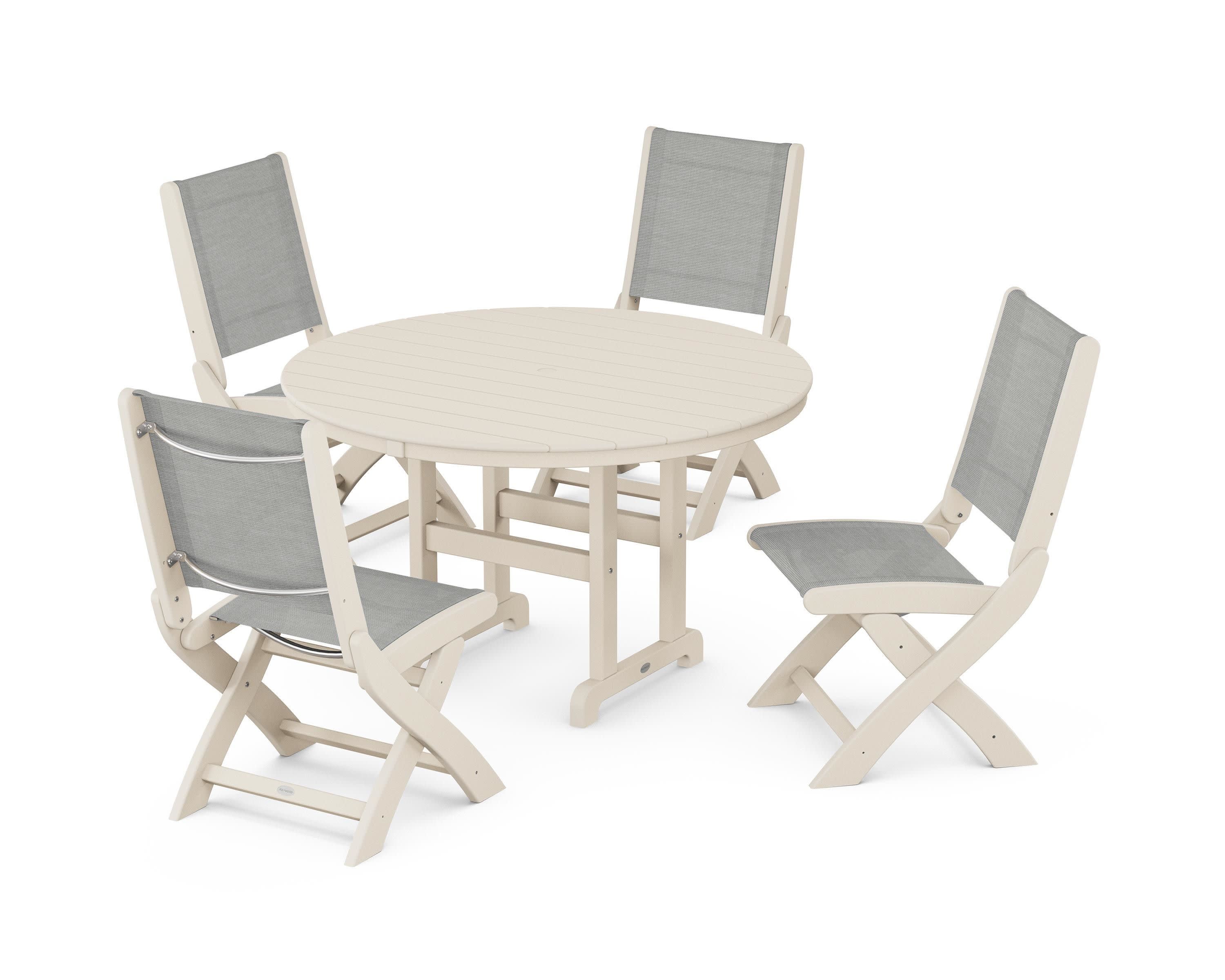 Coastal Folding Side Chair 5-Piece Round Dining Set in Sand / Metallic Sling