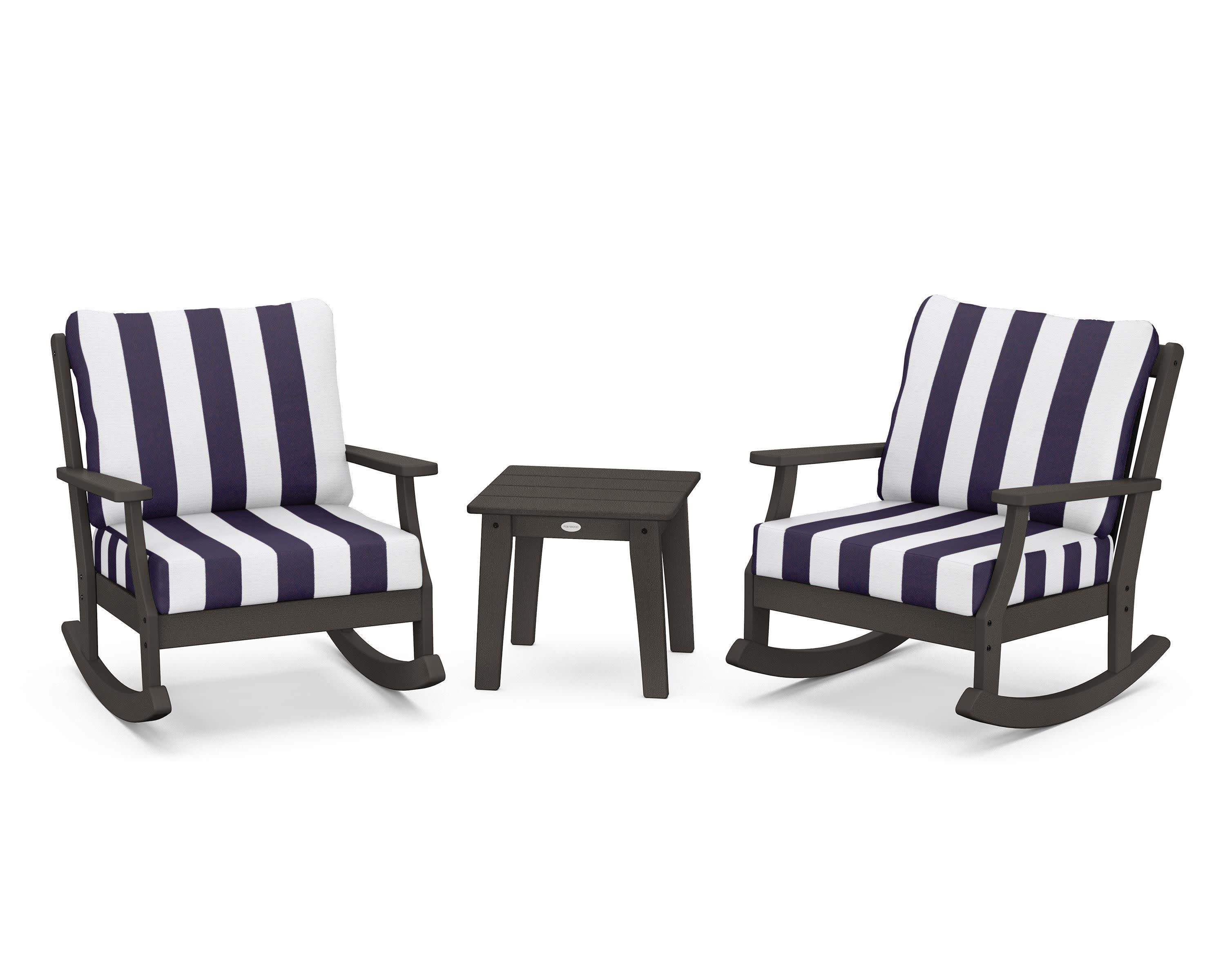 Braxton 3-Piece Deep Seating Rocker Set in Vintage Coffee / Cabana Stripe Navy