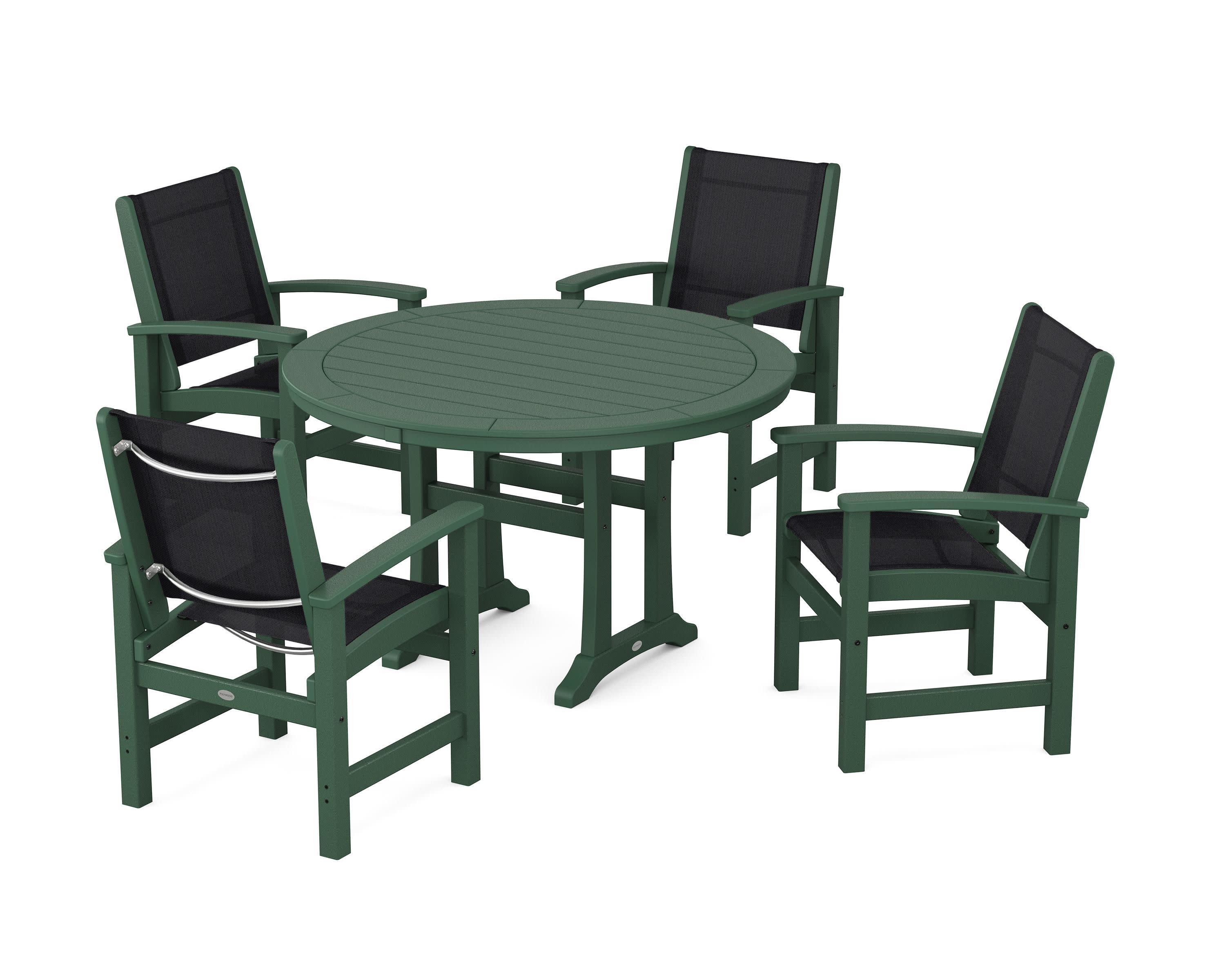 Coastal 5-Piece Round Dining Set with Trestle Legs in Green / Black Sling