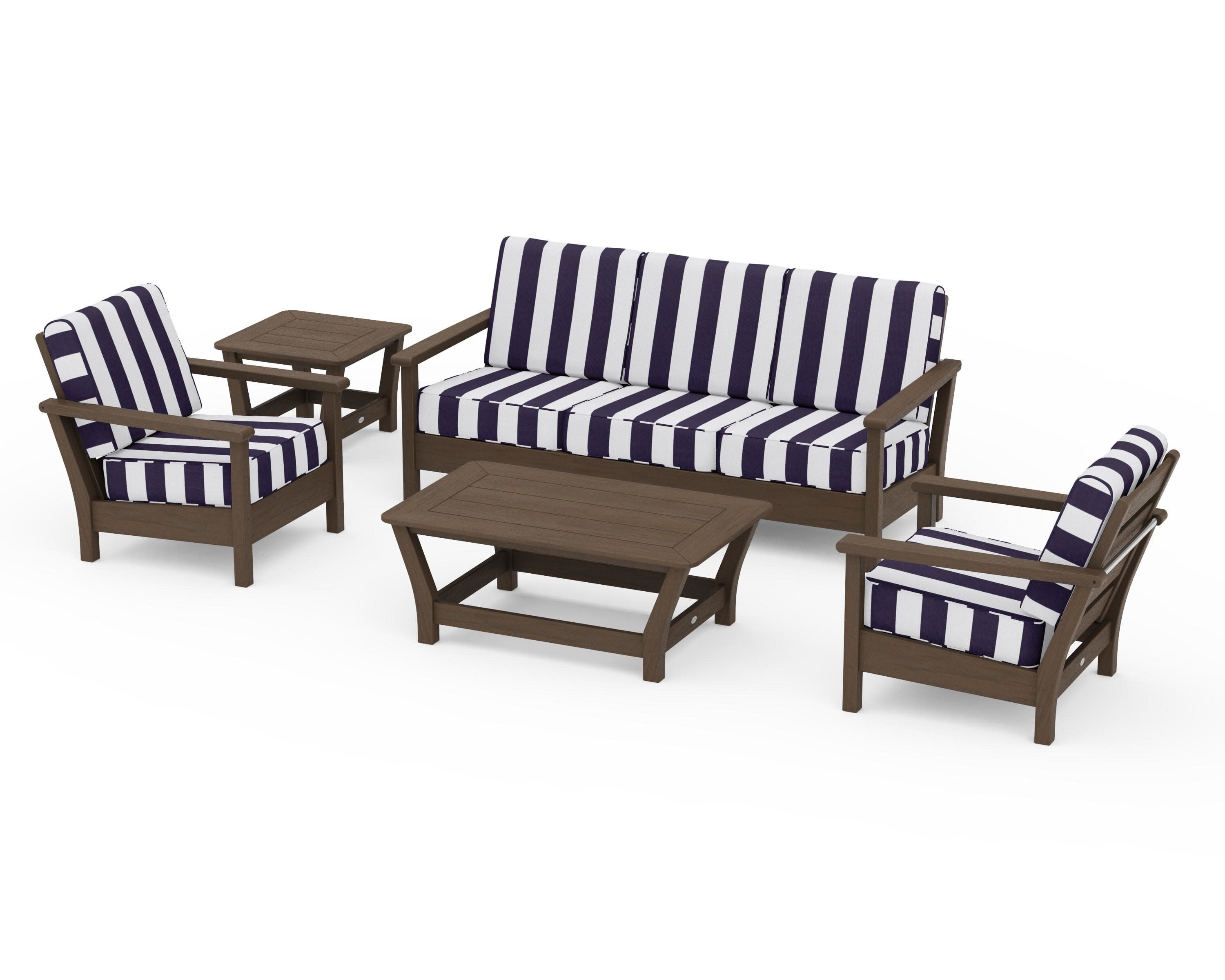 Harbour 5-Piece Deep Seating Set in Kona / Cabana Stripe Navy