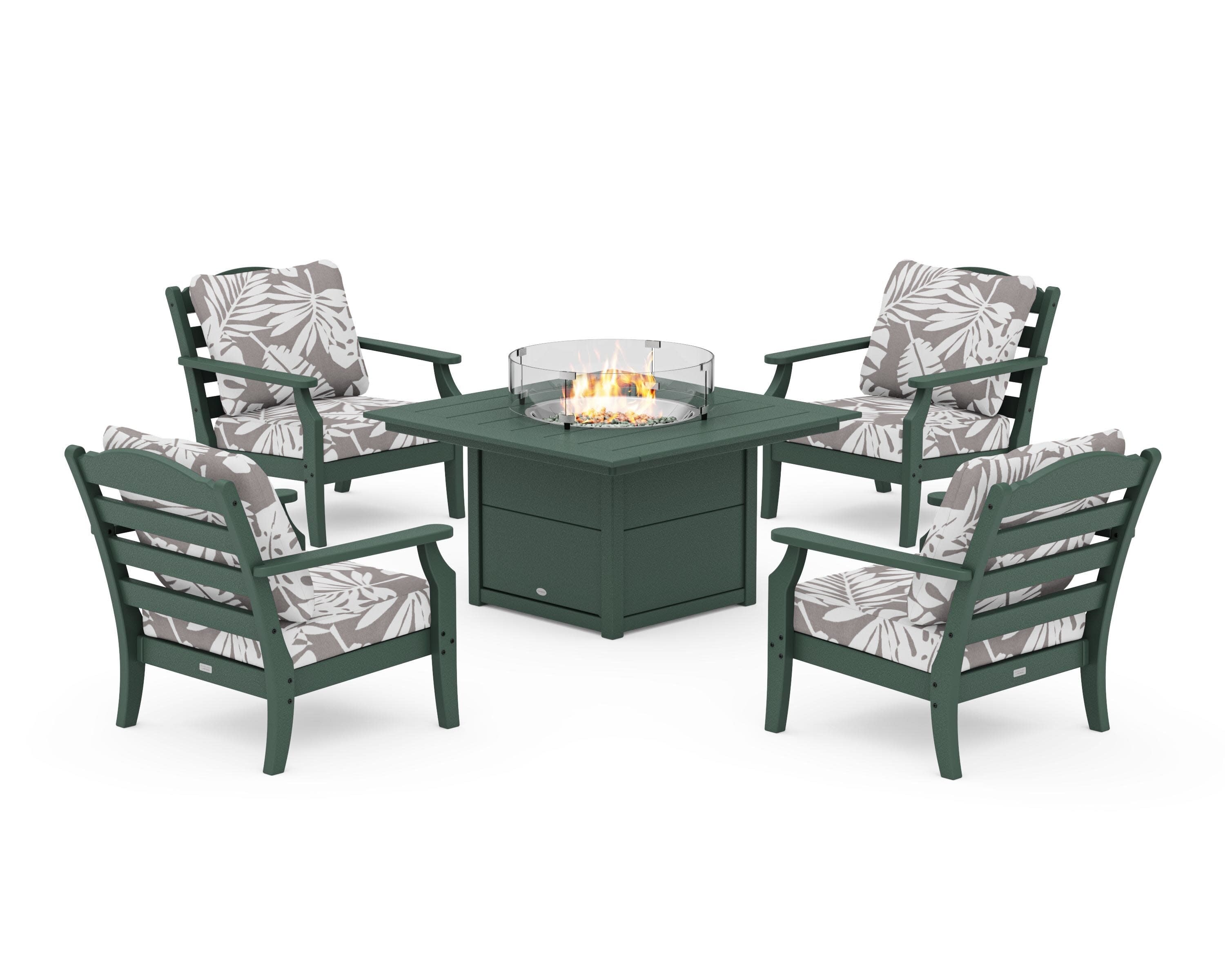 Savannah 5-Piece Deep Seating Set with Fire Pit Table in Green / Leaf Grey Mist