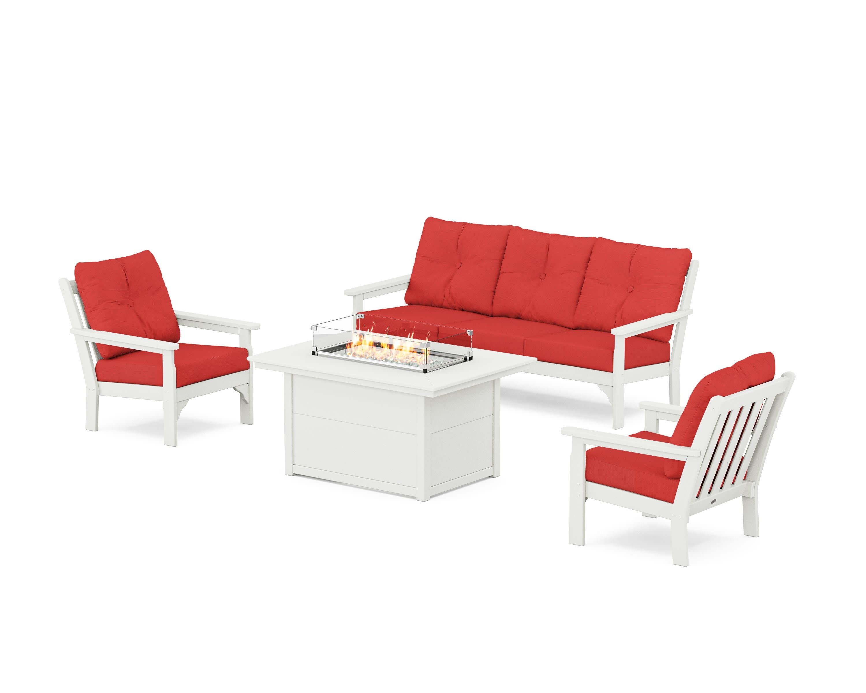 Vineyard Deep Seating Fire Pit Table Set in Vintage White / Crimson Linen
