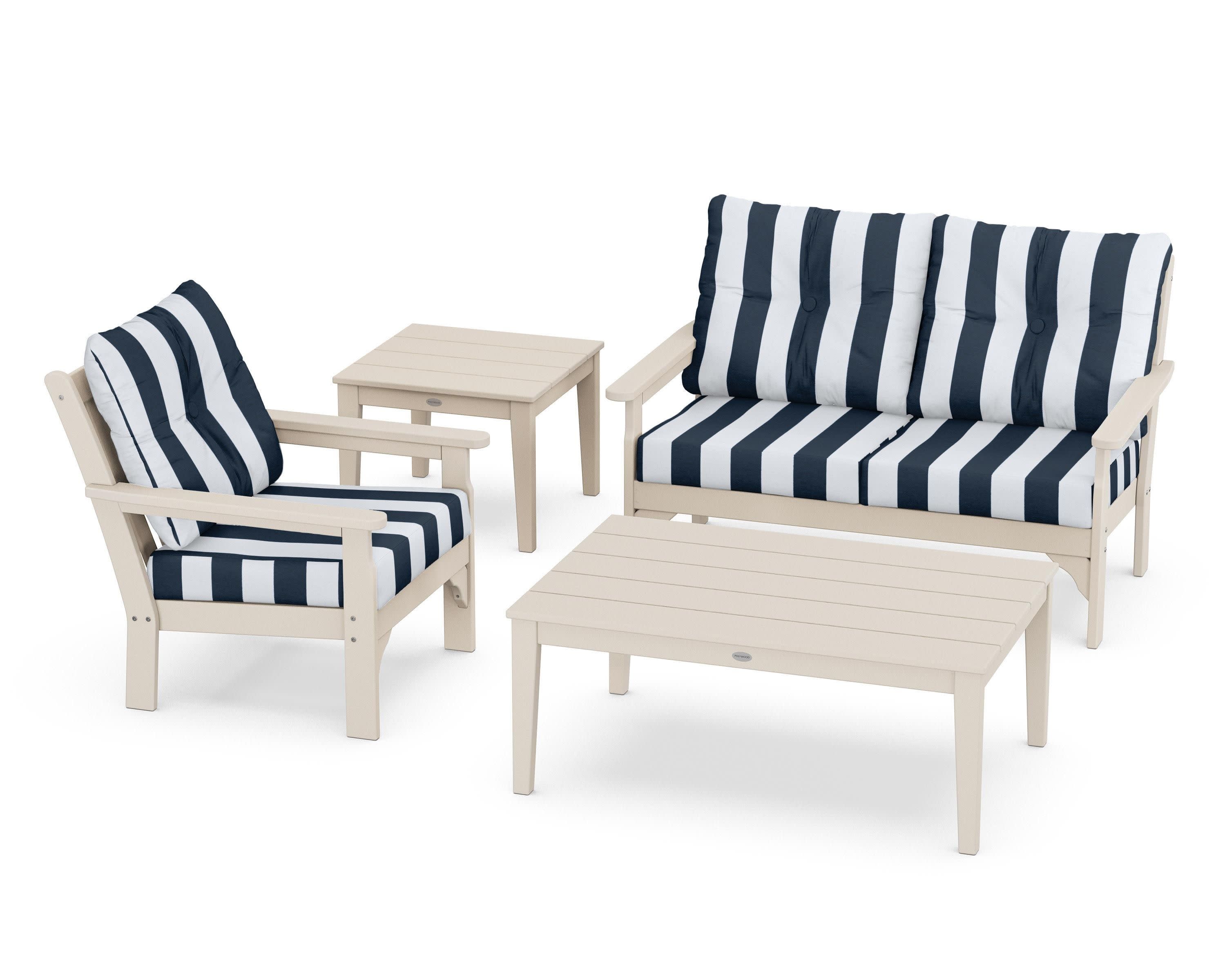Vineyard 4-Piece Deep Seating Set in Sand / Cabana Stripe Marine Indigo