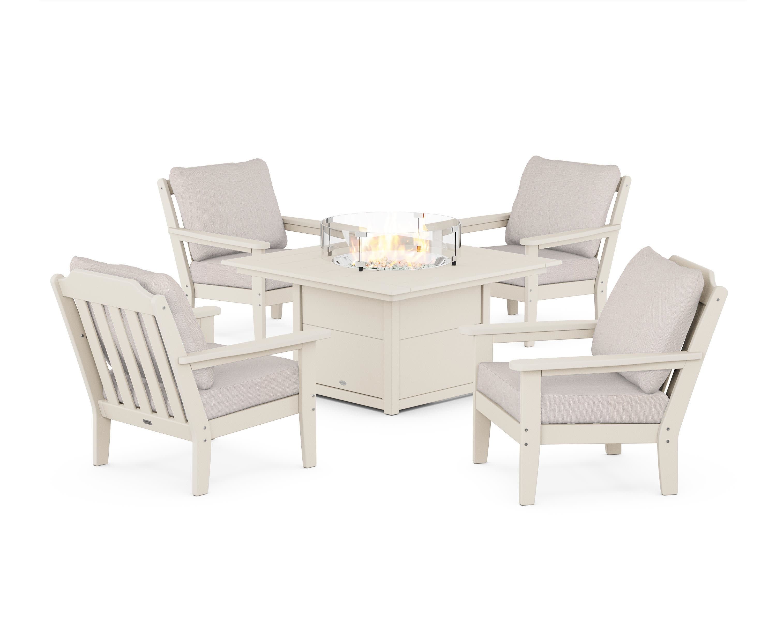 Cottage 5-Piece Deep Seating Set with Fire Pit Table in Sand / Dune Burlap