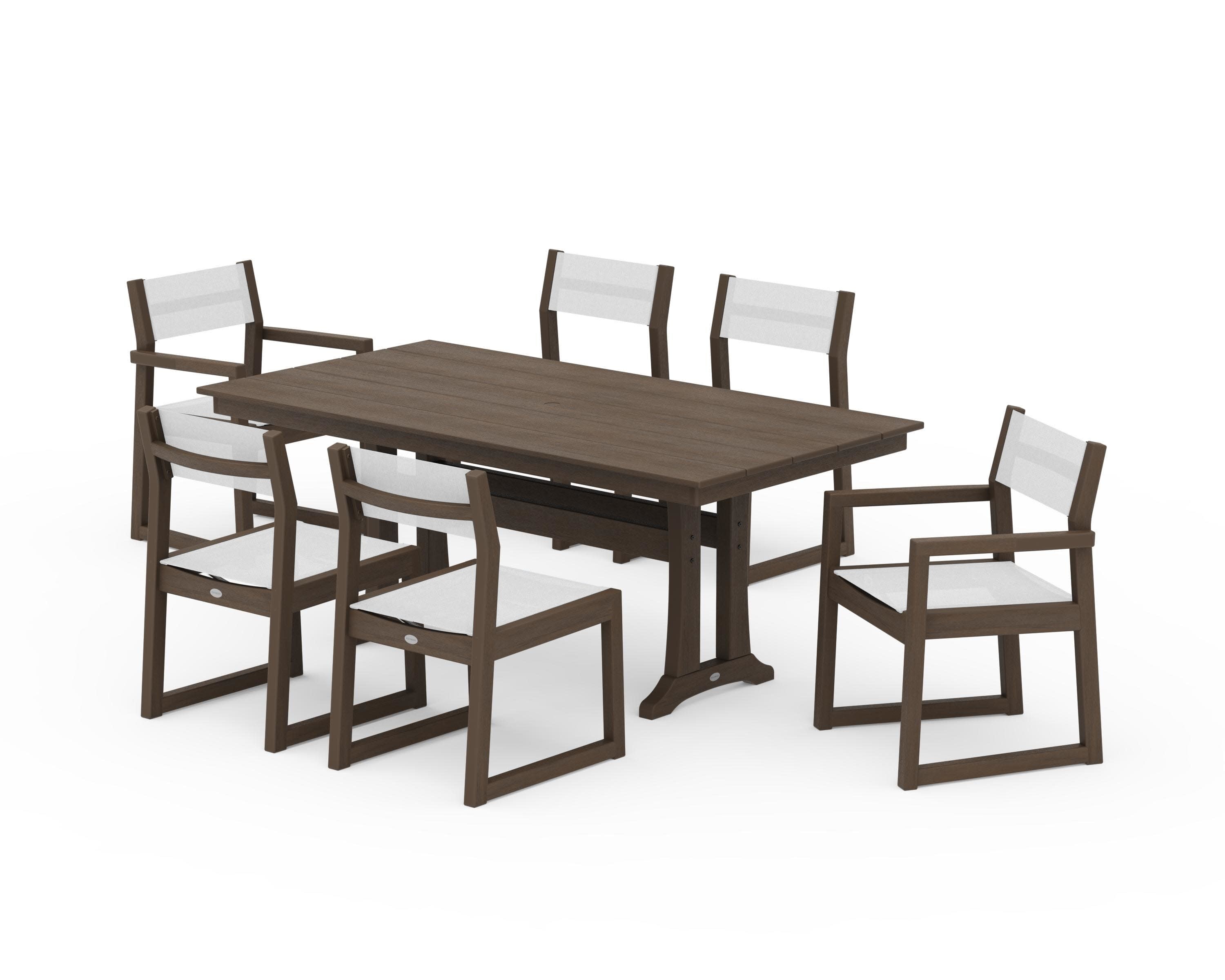 EDGE Sling 7-Piece Farmhouse Trestle Dining Set in Kona / White Sling