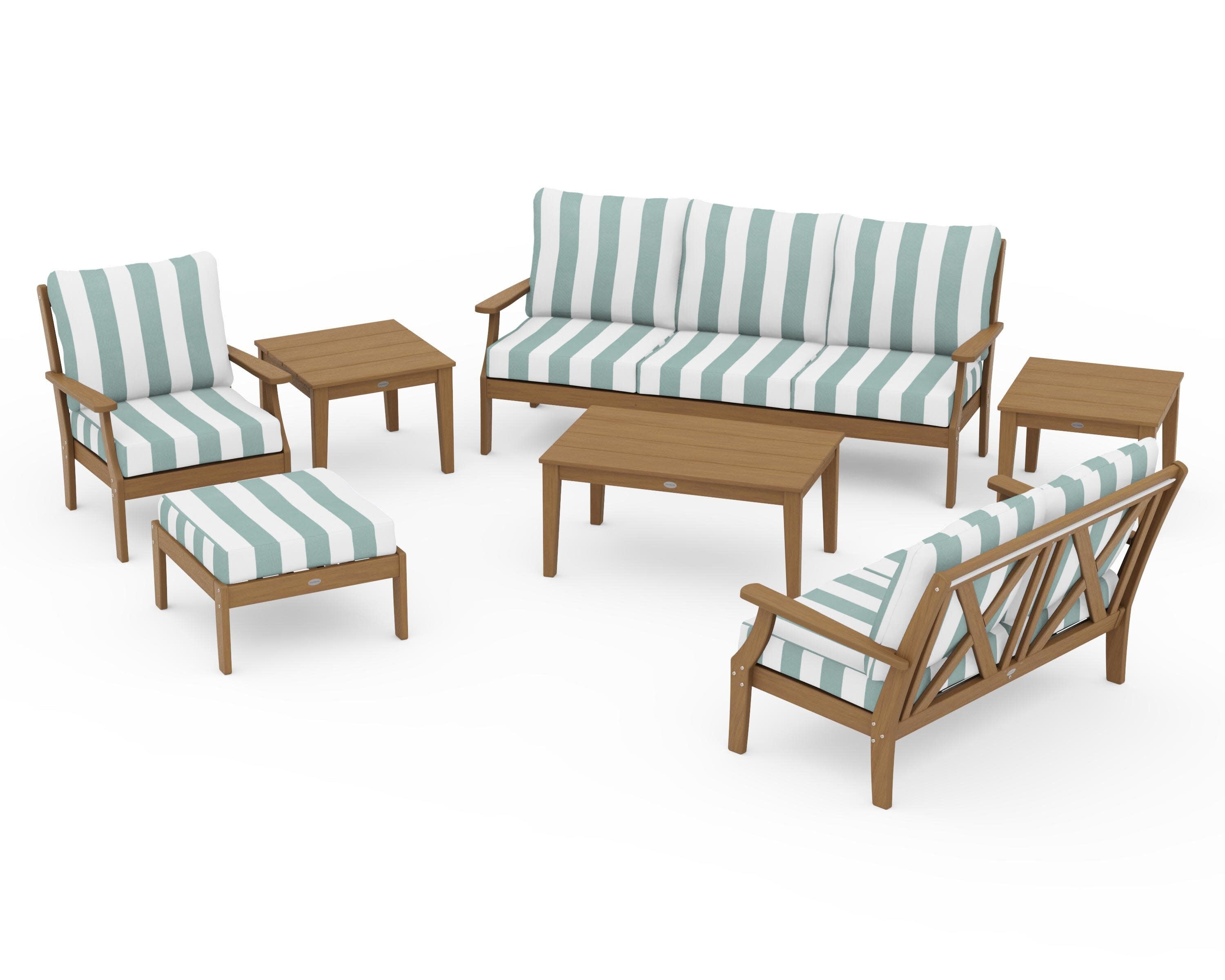Braxton 7-Piece Deep Seating Set in Natural / Cabana Stripe Glacier Spa