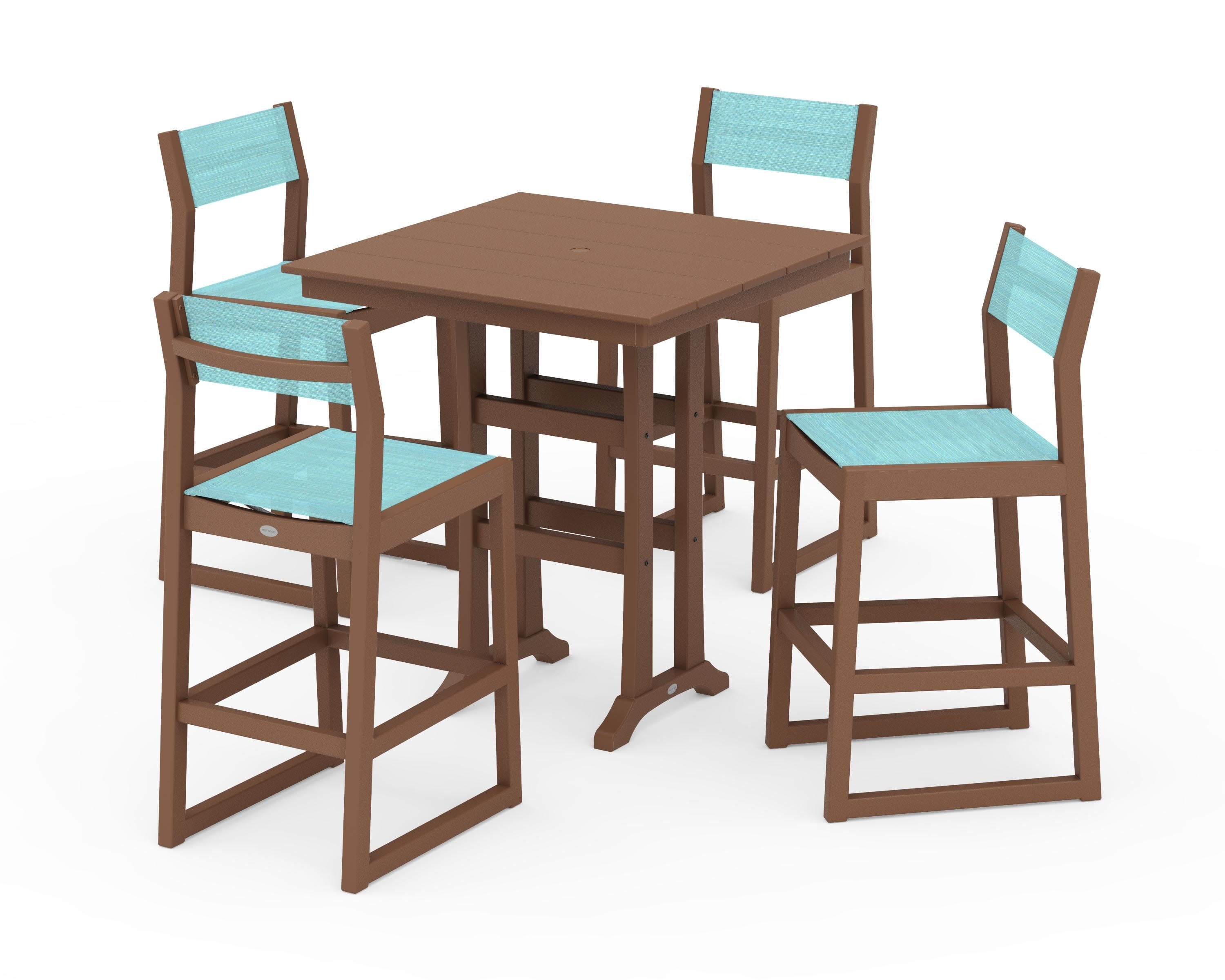 EDGE Sling Arm Chair 5-Piece Farmhouse Bar Set with Trestle Legs in Teak / Dupioni Aquamarine Sling