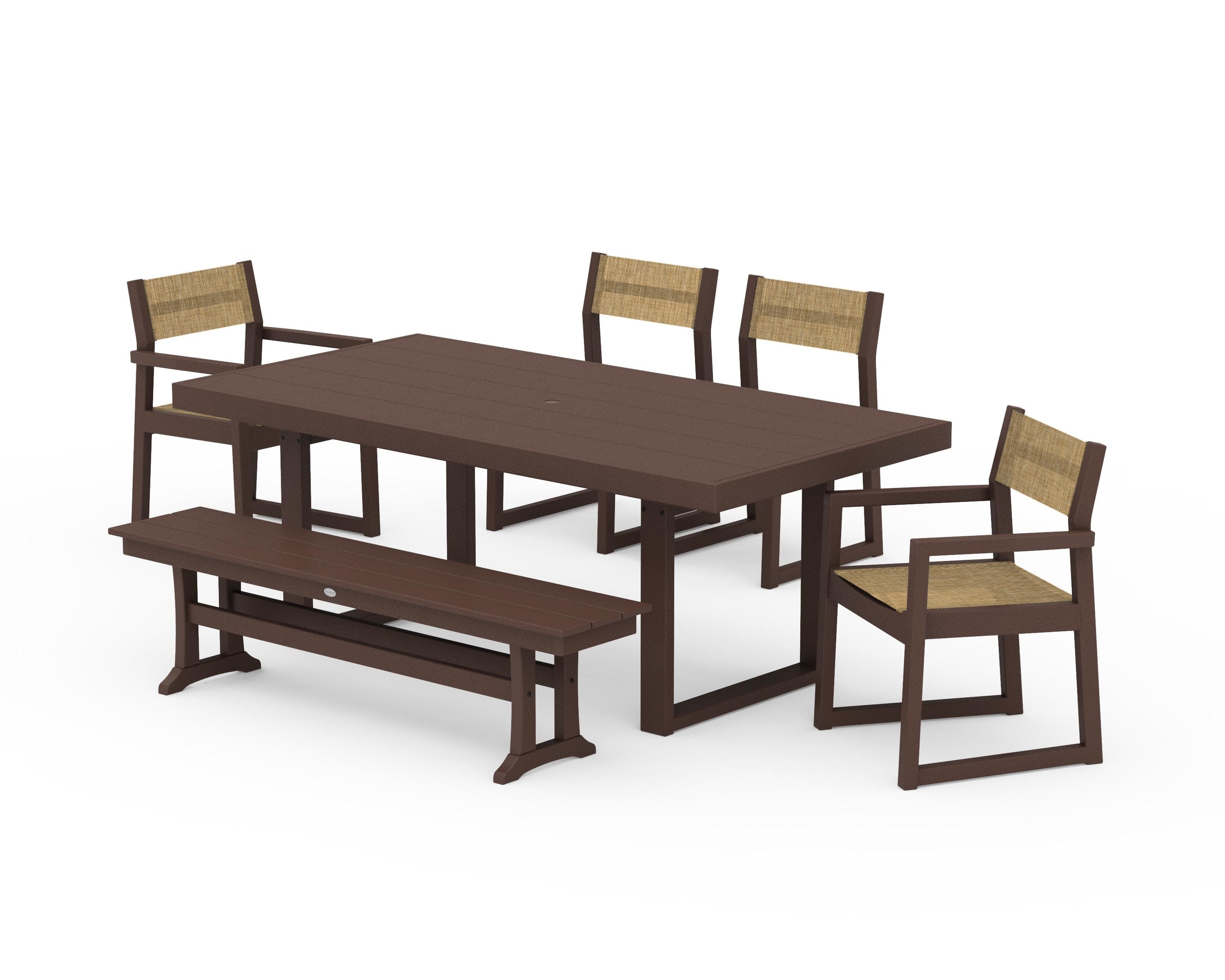 EDGE Sling 6-Piece Dining Set with Bench in Mahogany / Burlap Sling