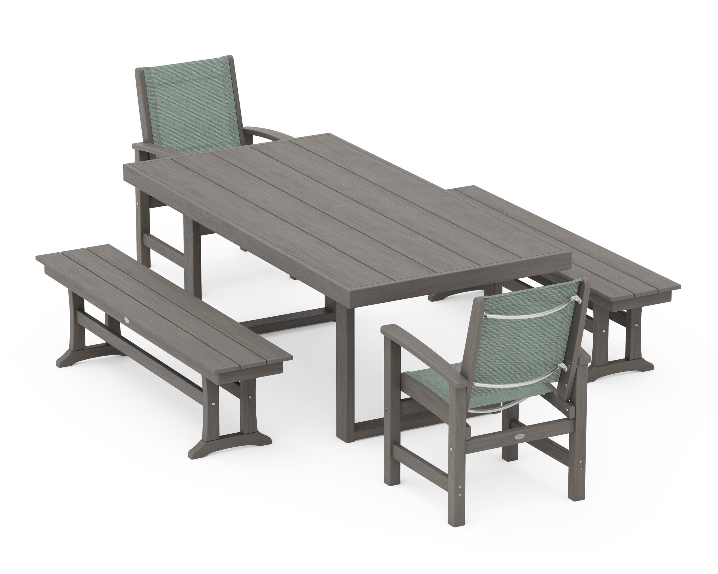 Coastal 5-Piece Dining Set with Trestle Legs in Driftwood / Dupioni Sea Mist Sling