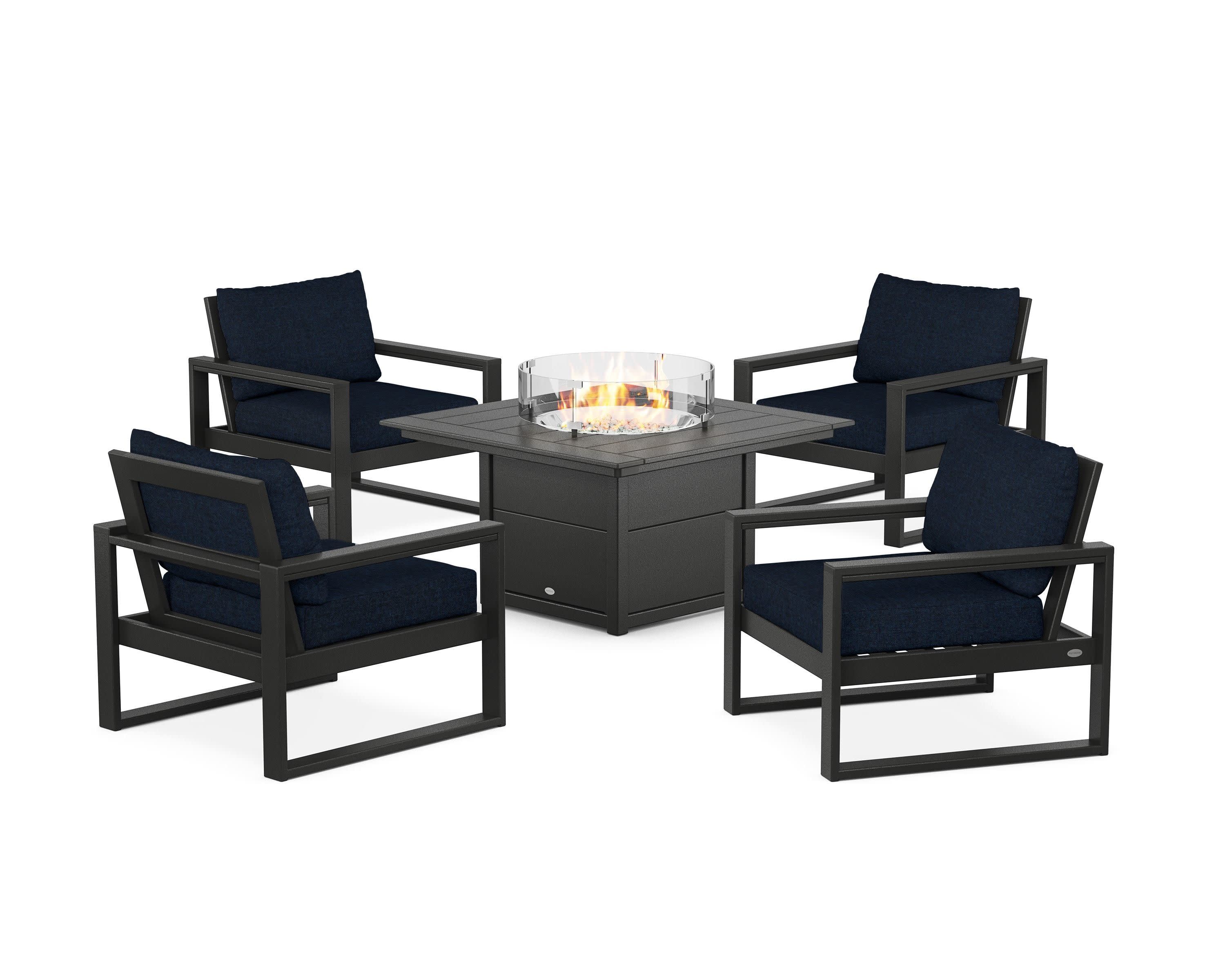 EDGE Sectional 5-Piece Deep Seating Set with Fire Pit Table in Black / Marine Indigo
