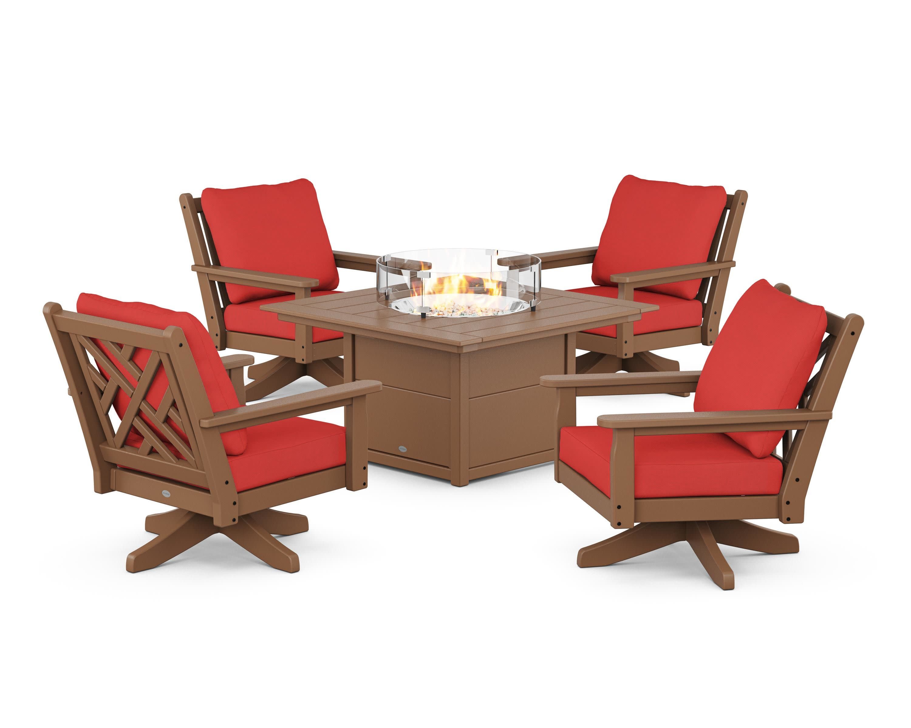 Chippendale 5-Piece Deep Seating Swivel Conversation Set with Fire Pit Table in Teak / Crimson Linen