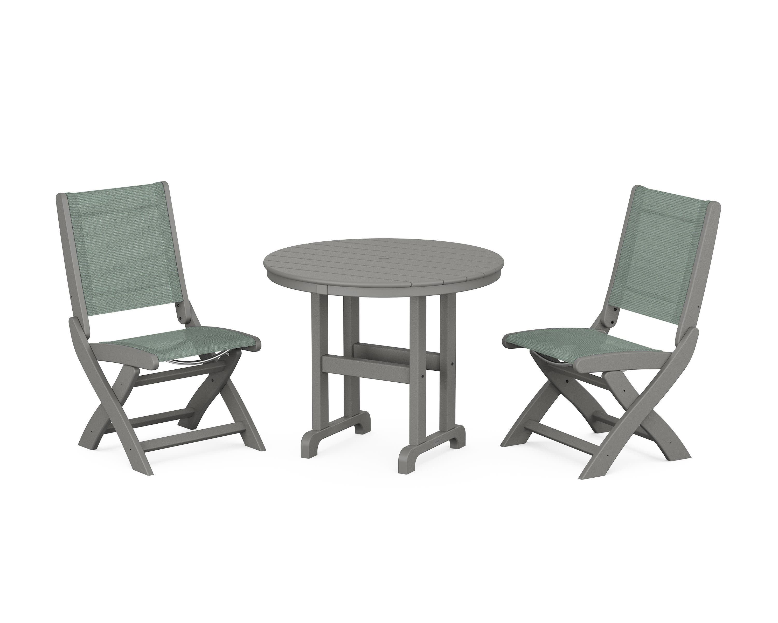 Coastal Folding Side Chair 3-Piece Round Dining Set in Slate Grey / Dupioni Sea Mist Sling