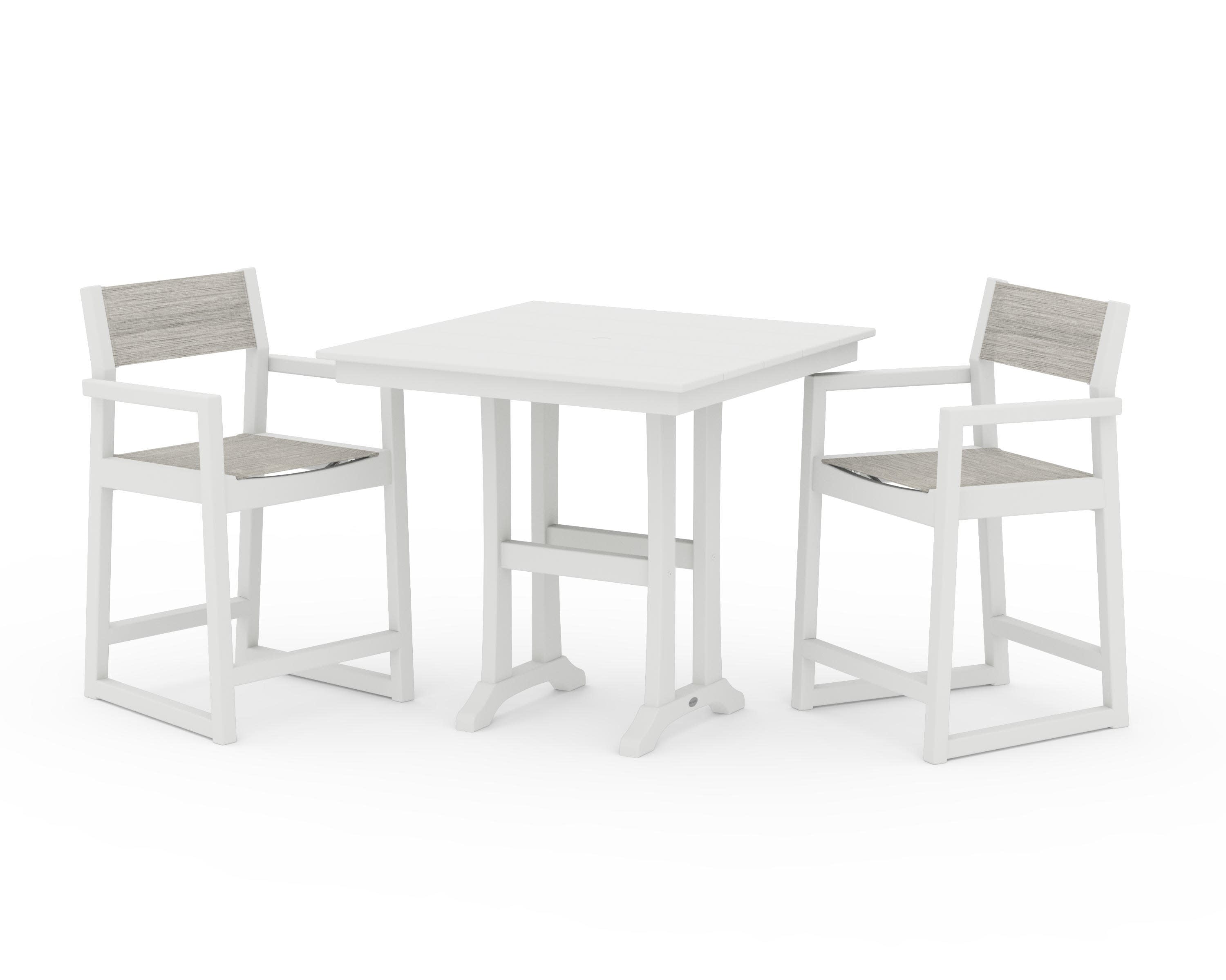 EDGE Sling Arm Chair 3-Piece Farmhouse Counter Set with Trestle Legs in Vintage White / Birch Sling