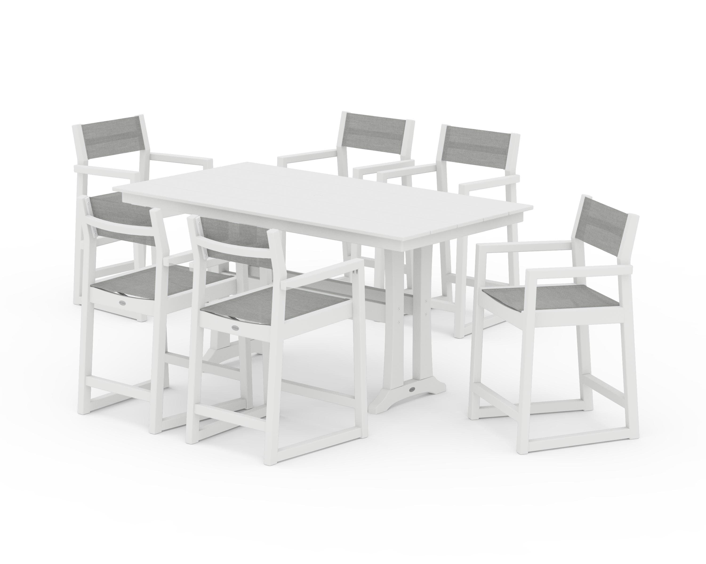 EDGE Sling Arm Chair 7-Piece Farmhouse Counter Set with Trestle Legs in White / Metallic Sling