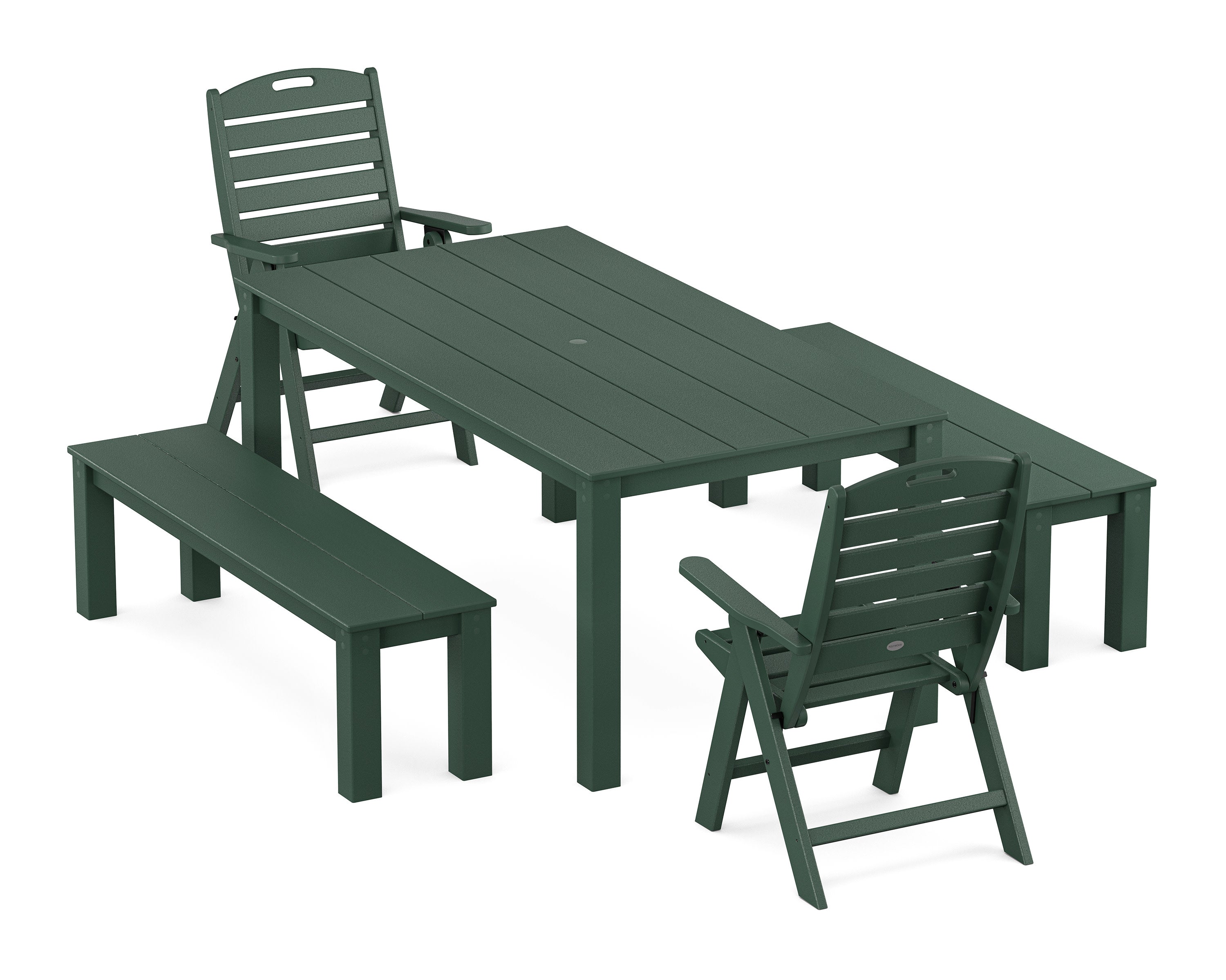 Nautical Folding Highback Chair 5-Piece Parsons Dining Set with Benches in Green