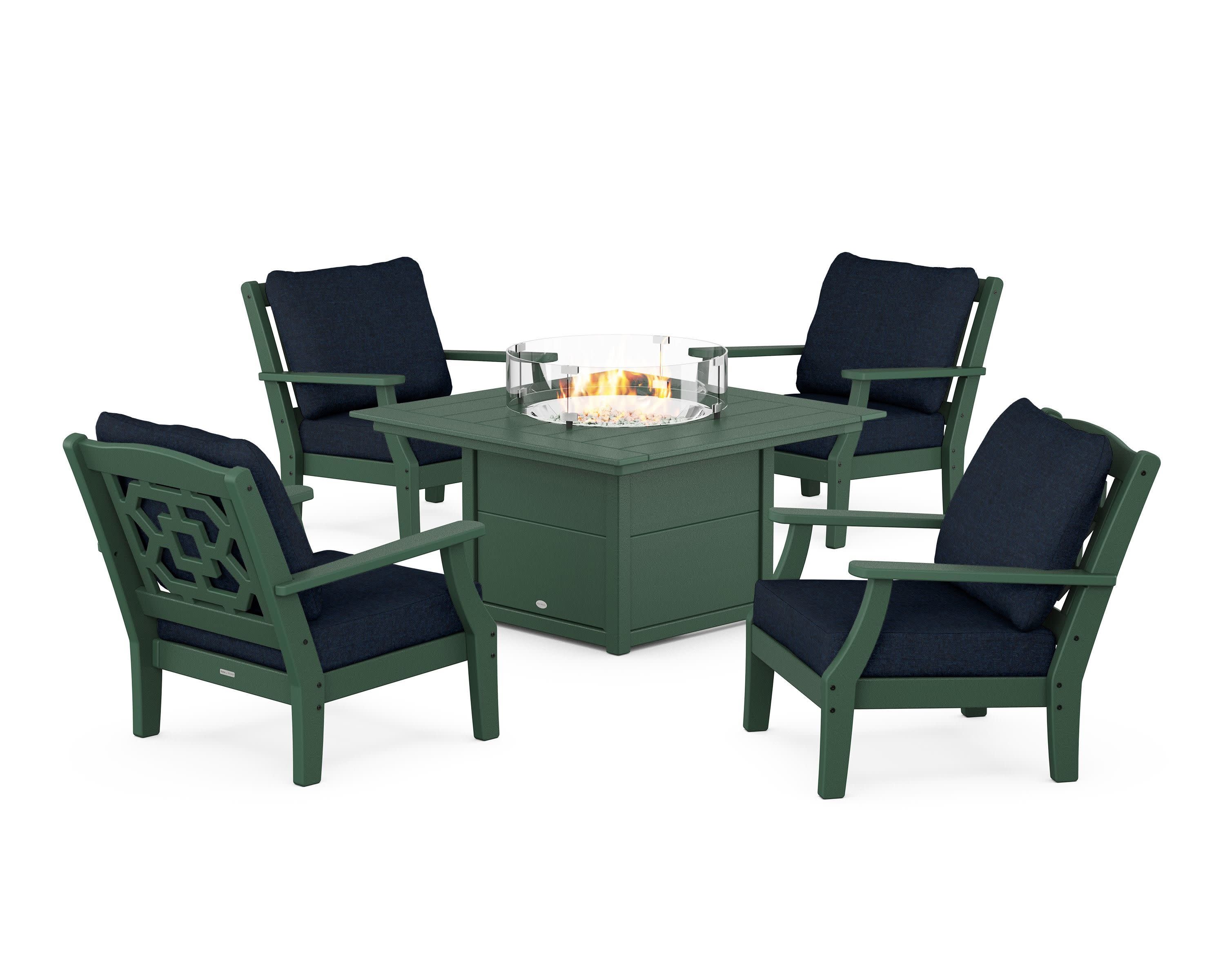 Chinoiserie 5-Piece Deep Seating Set with Fire Pit Table in Green / Marine Indigo
