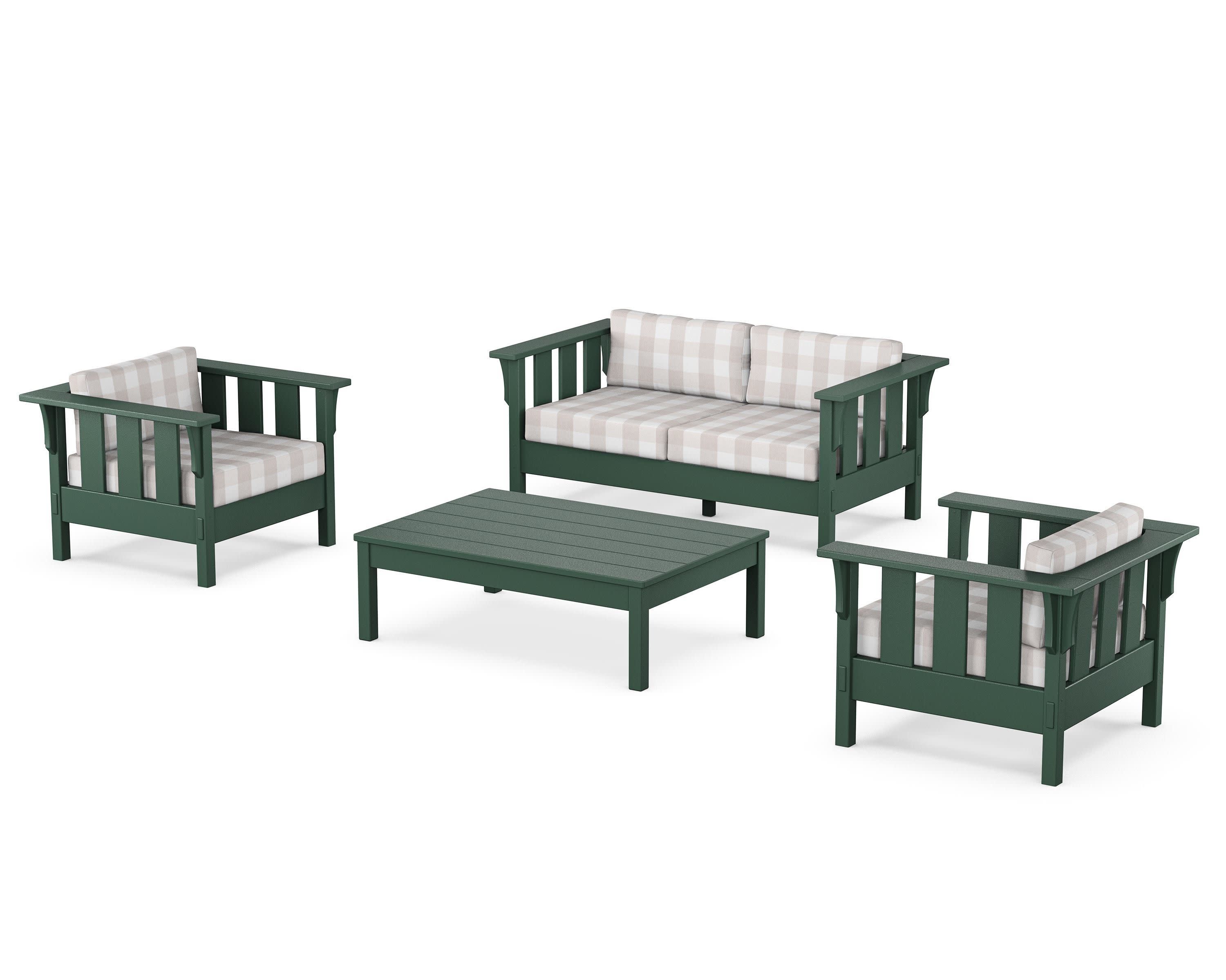 Acadia 4-Piece Deep Seating Set with Loveseat in Green / Buffalo Plaid Dune Burlap