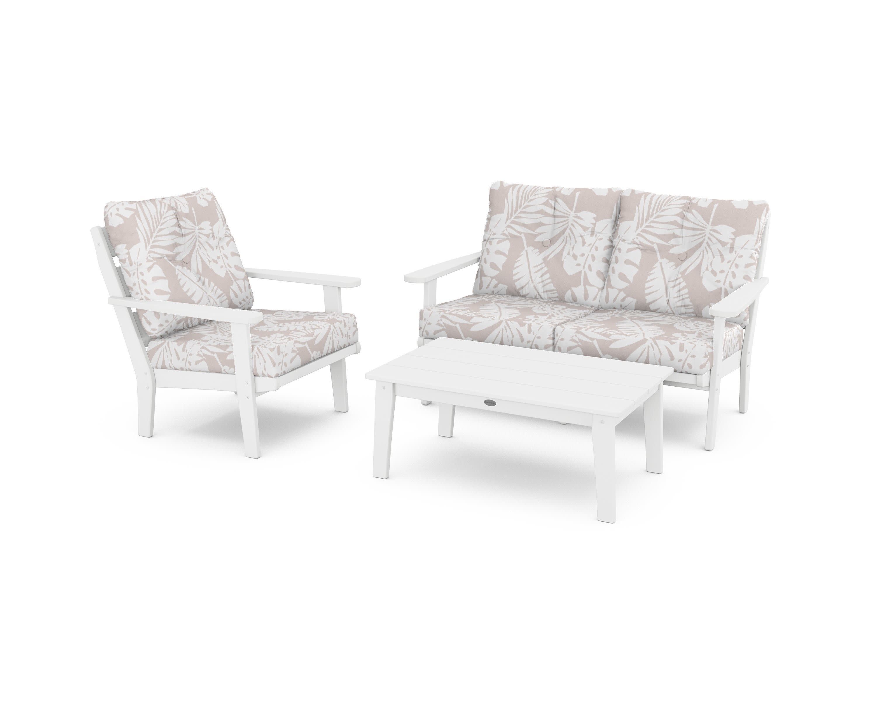 Lakeside 3-Piece Deep Seating Set in White / Leaf Dune Burlap