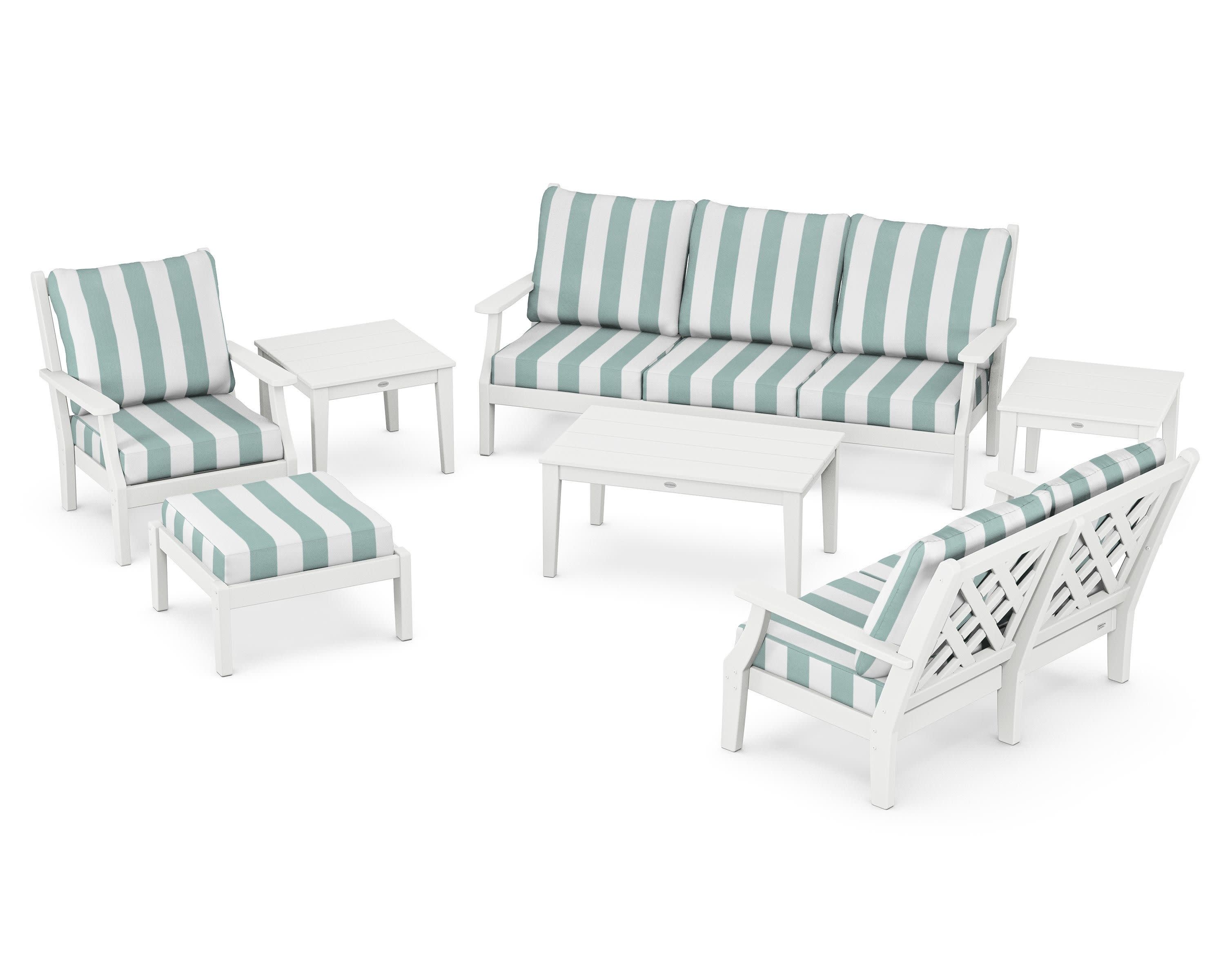 Wovendale 7-Piece Deep Seating Set in White / Cabana Stripe Glacier Spa