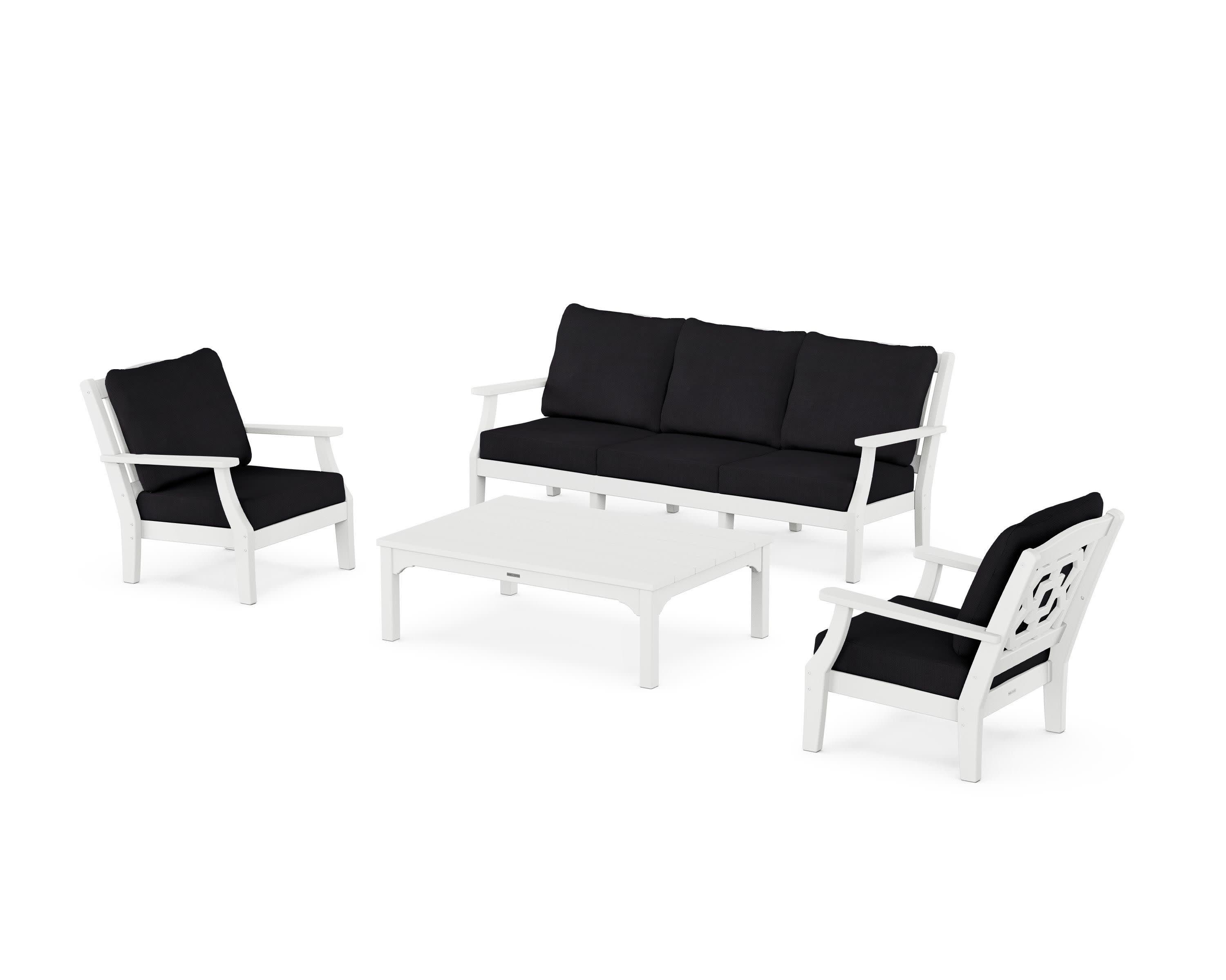 Chinoiserie 4-Piece Deep Seating Set with Sofa in White / Midnight Linen