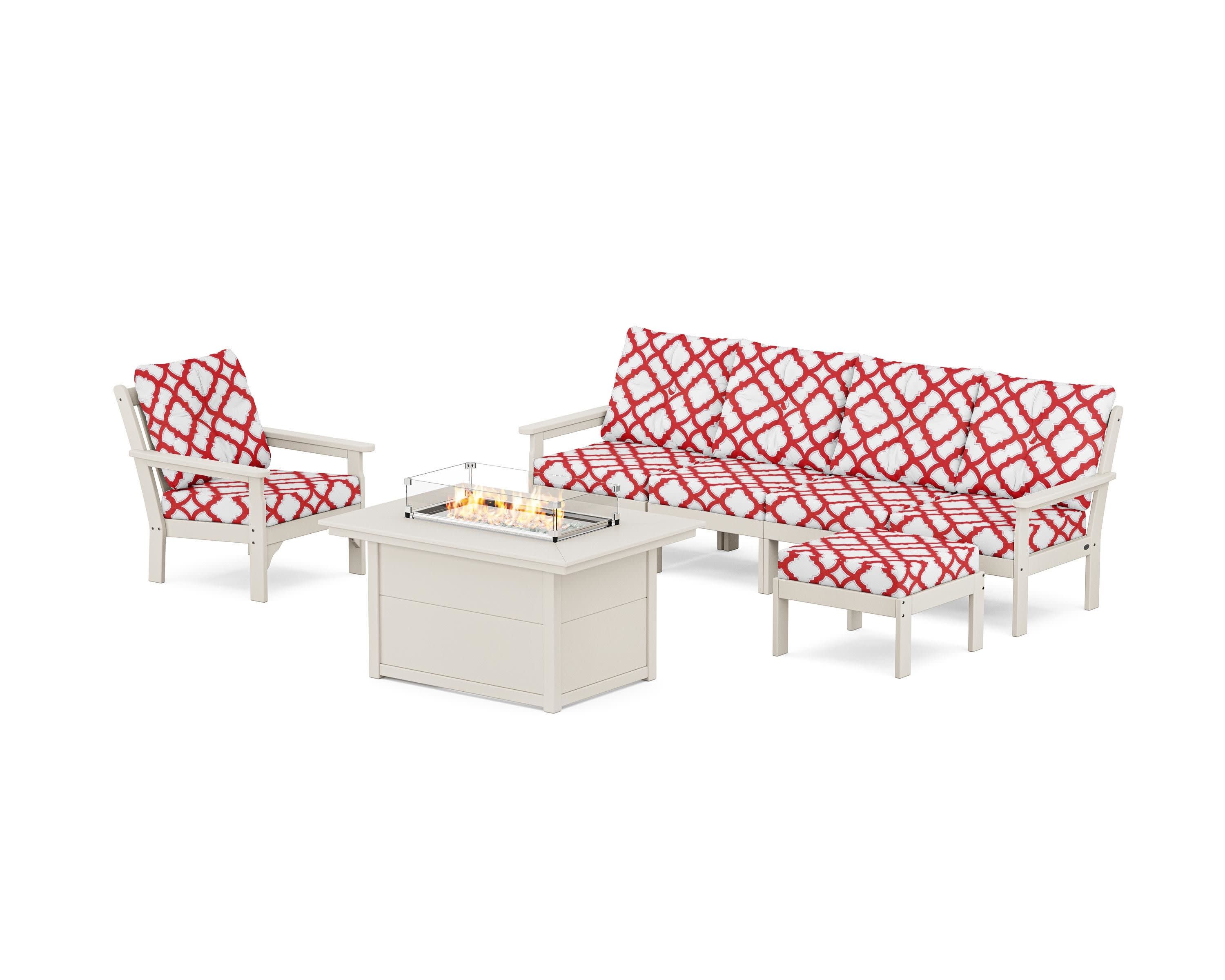 Vineyard Sectional Lounge and Fire Pit Set in Sand / Trellis Crimson