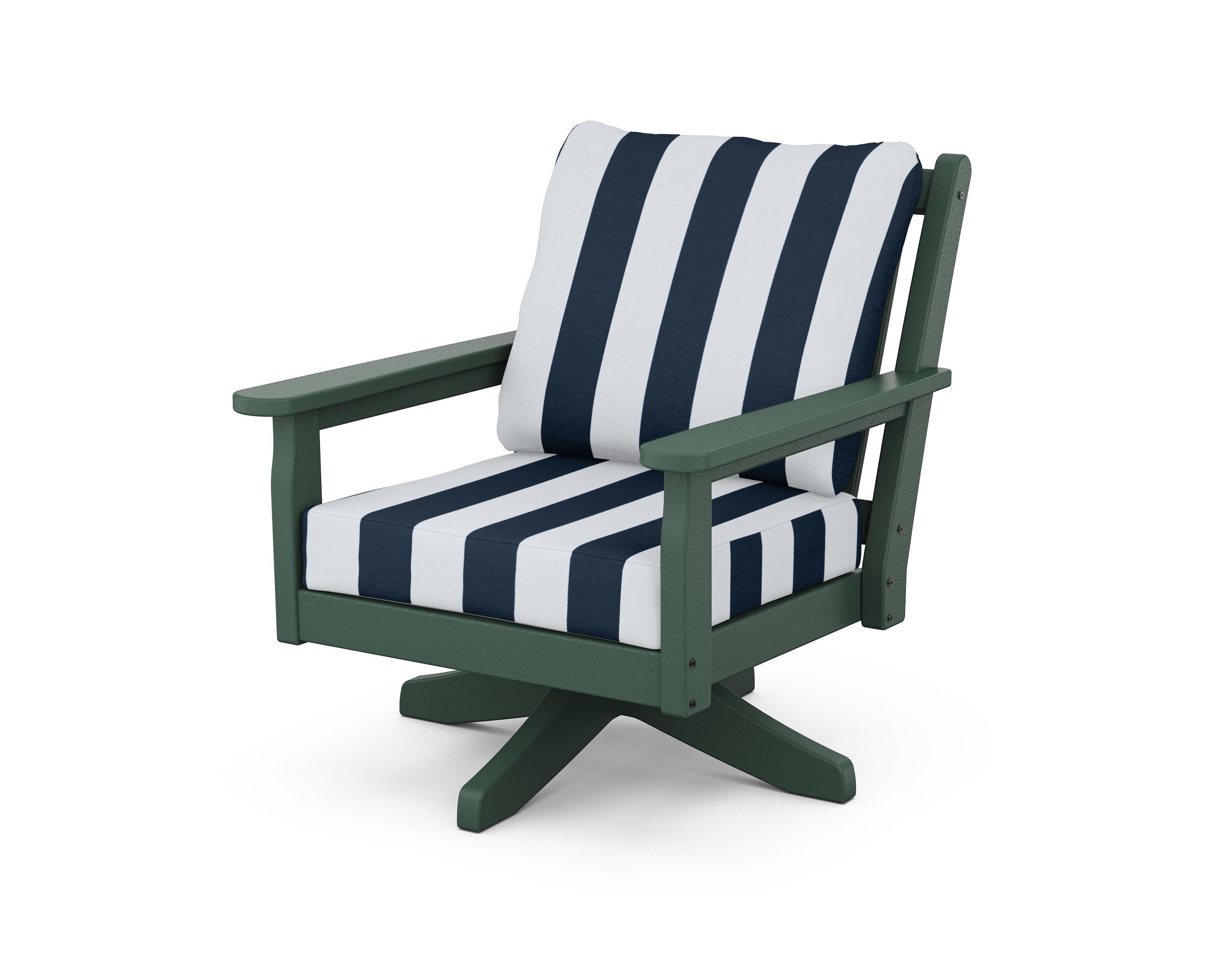 Chippendale Deep Seating Swivel Chair in Green / Cabana Stripe Marine Indigo