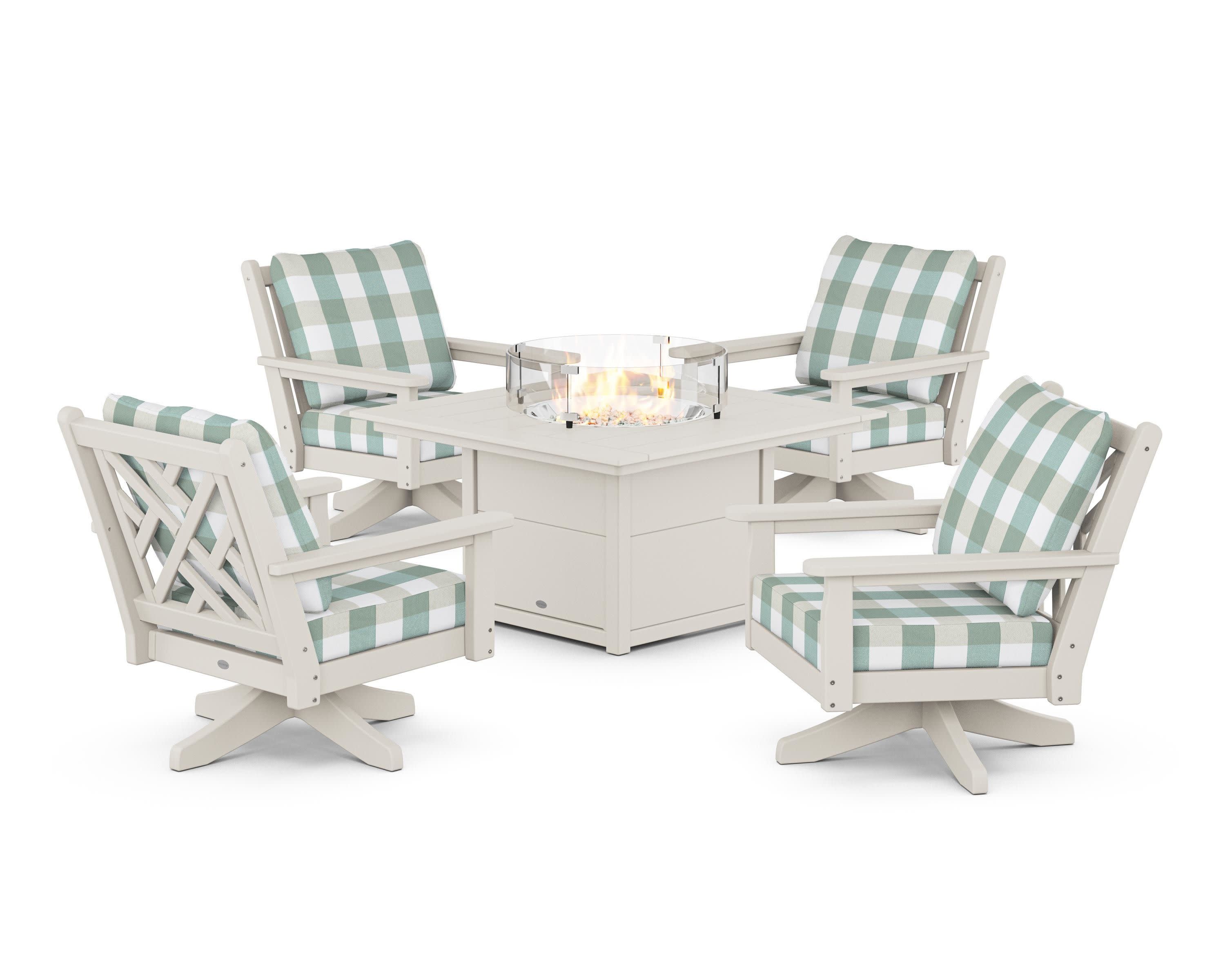 Chippendale 5-Piece Deep Seating Swivel Conversation Set with Fire Pit Table in Sand / Buffalo Plaid Glacier Spa