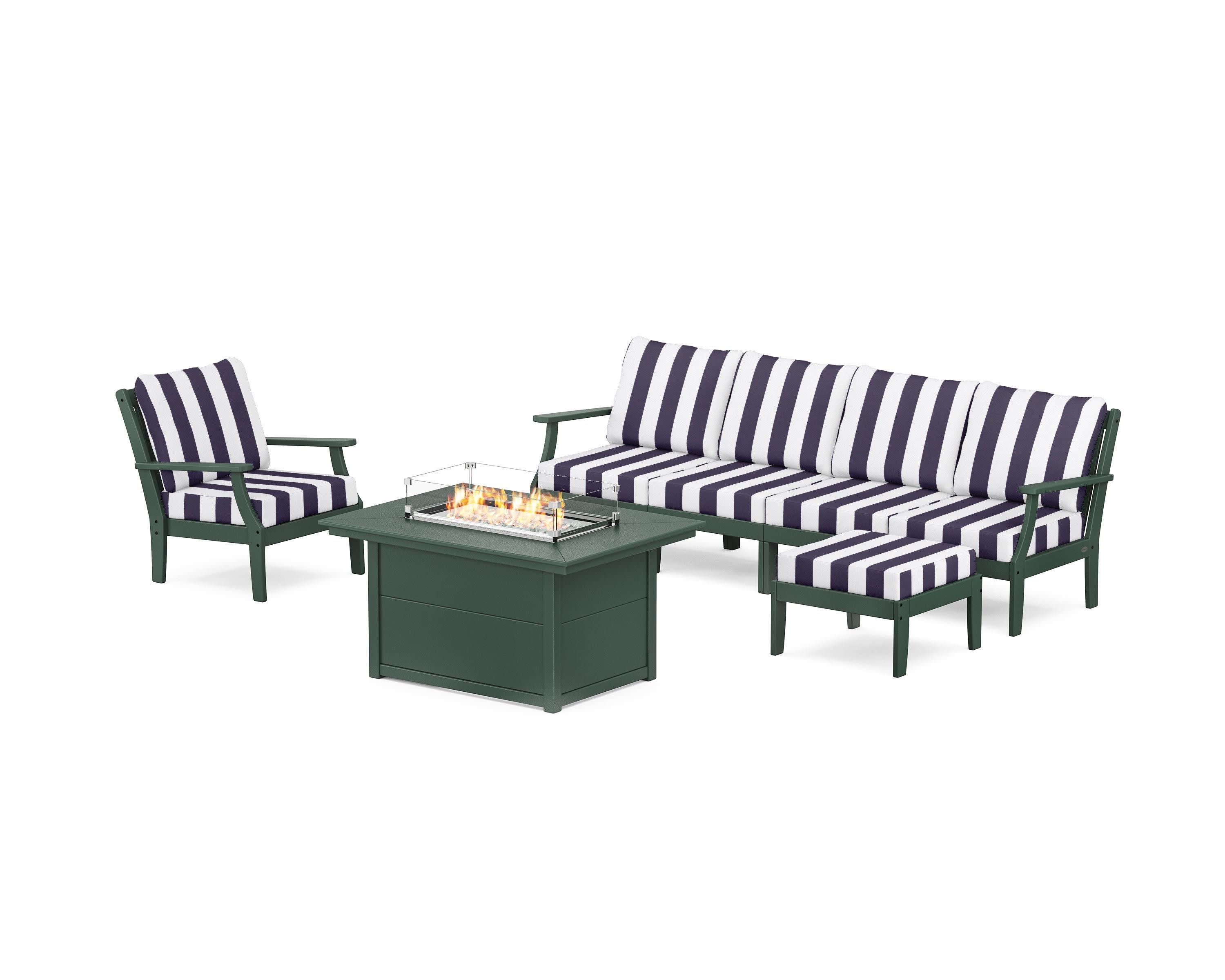 Braxton Sectional Lounge and Fire Pit Set in Green / Cabana Stripe Navy