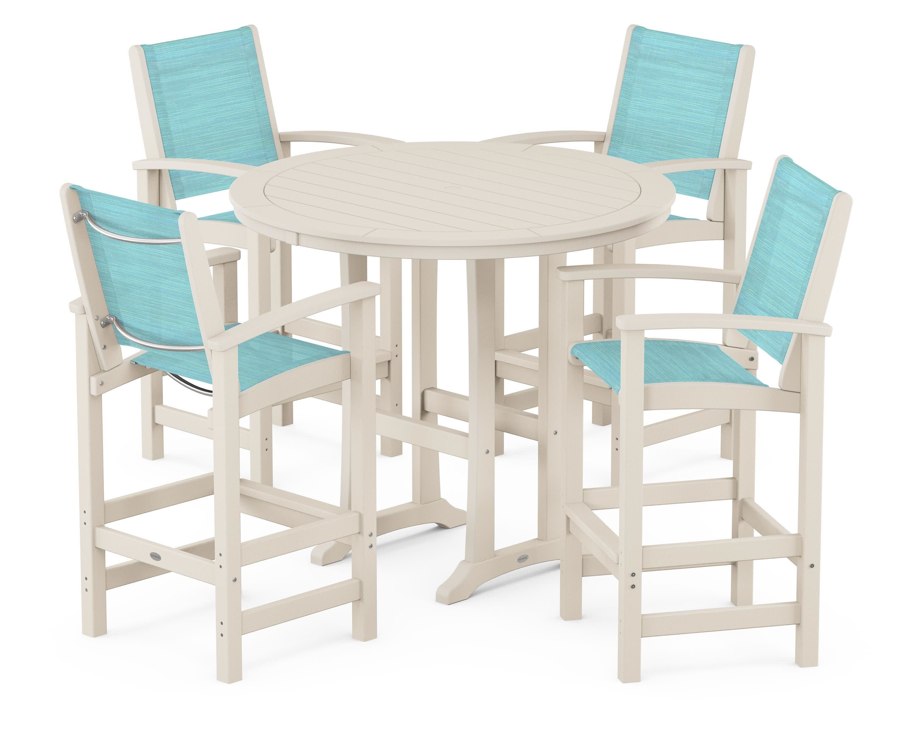 Coastal 5-Piece Nautical Trestle Bar Set in Sand / Dupioni Aquamarine Sling