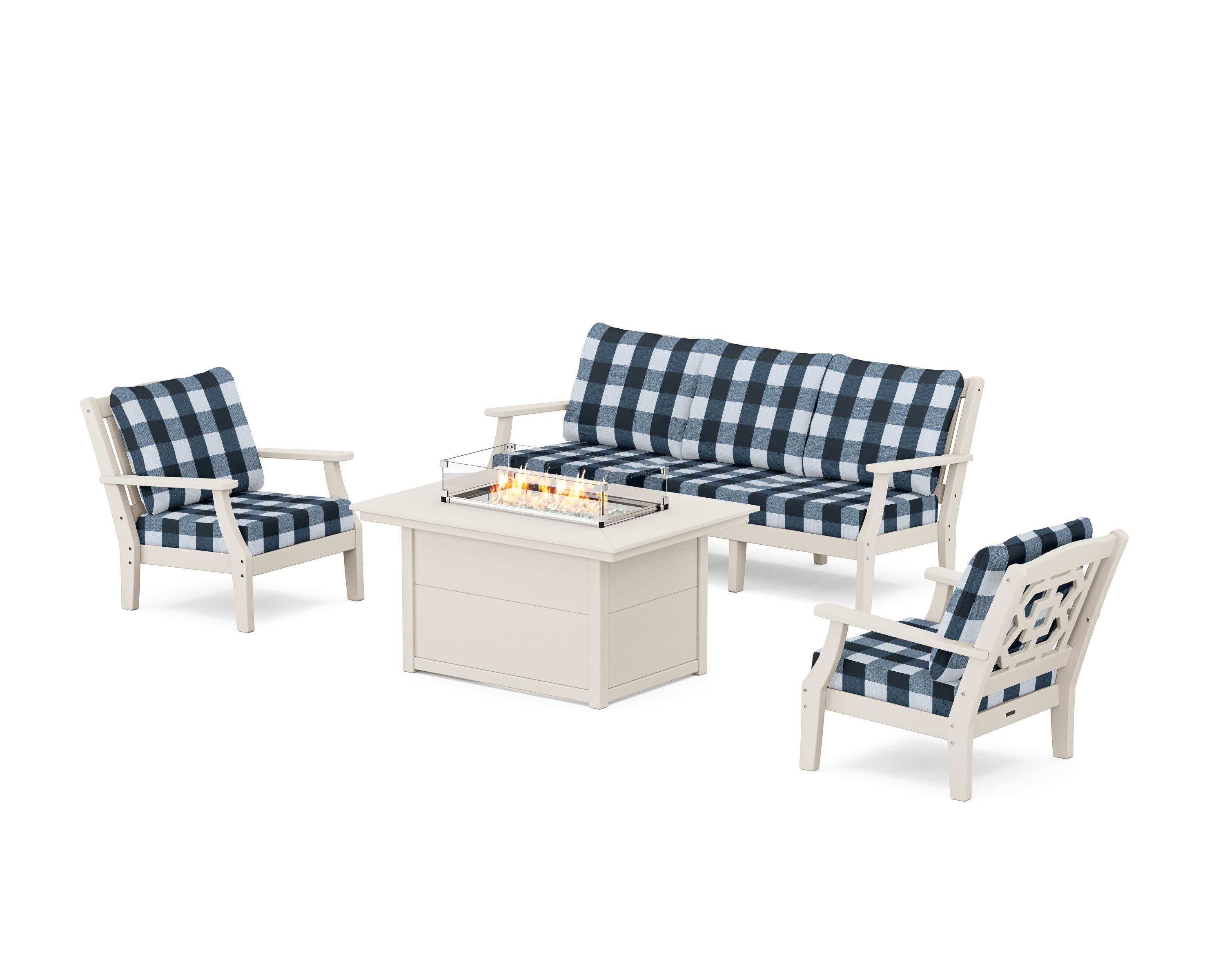 Chinoiserie Deep Seating Fire Pit Table Set in Sand / Buffalo Plaid Marine Indigo