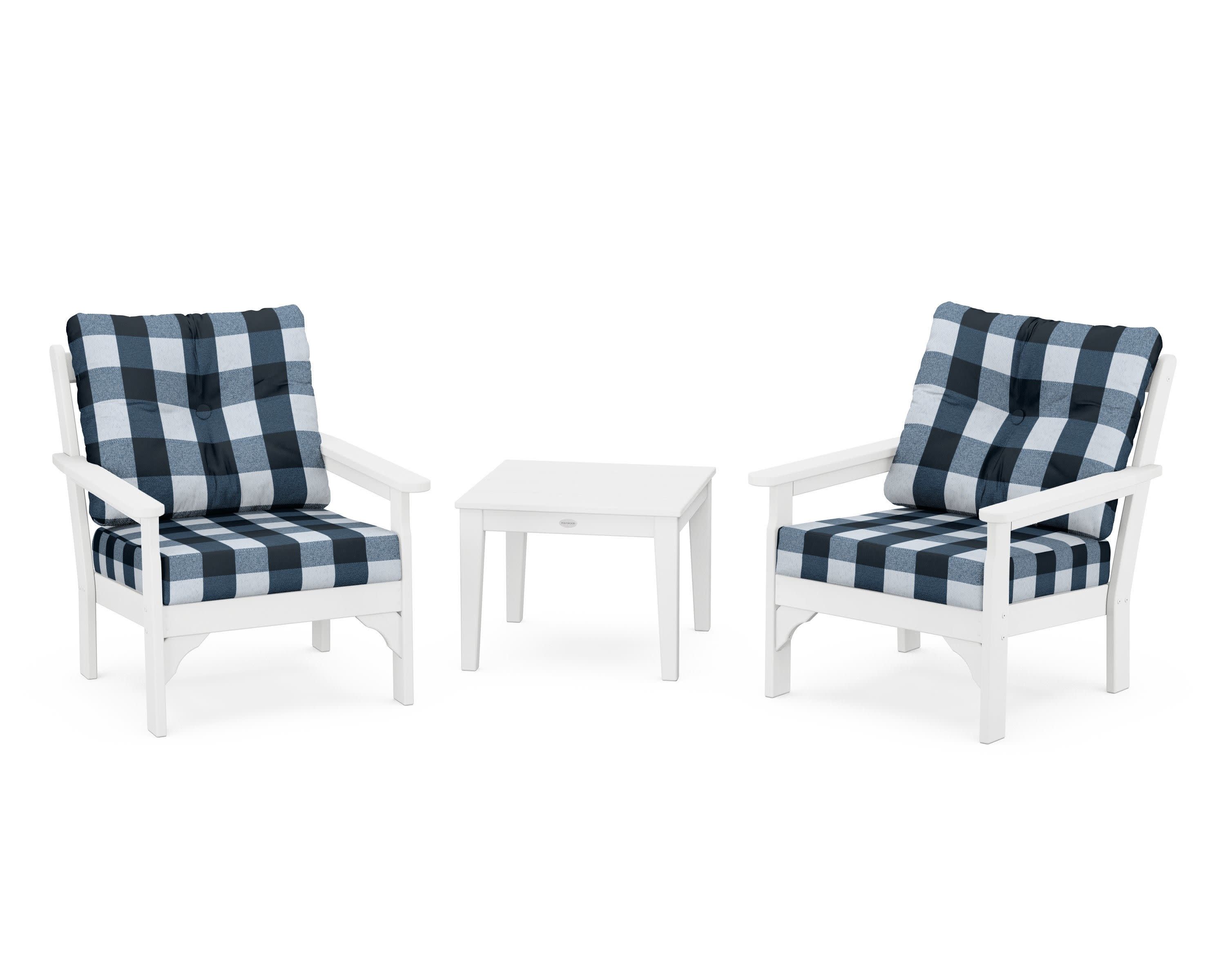 Vineyard 3-Piece Deep Seating Set in White / Buffalo Plaid Marine Indigo