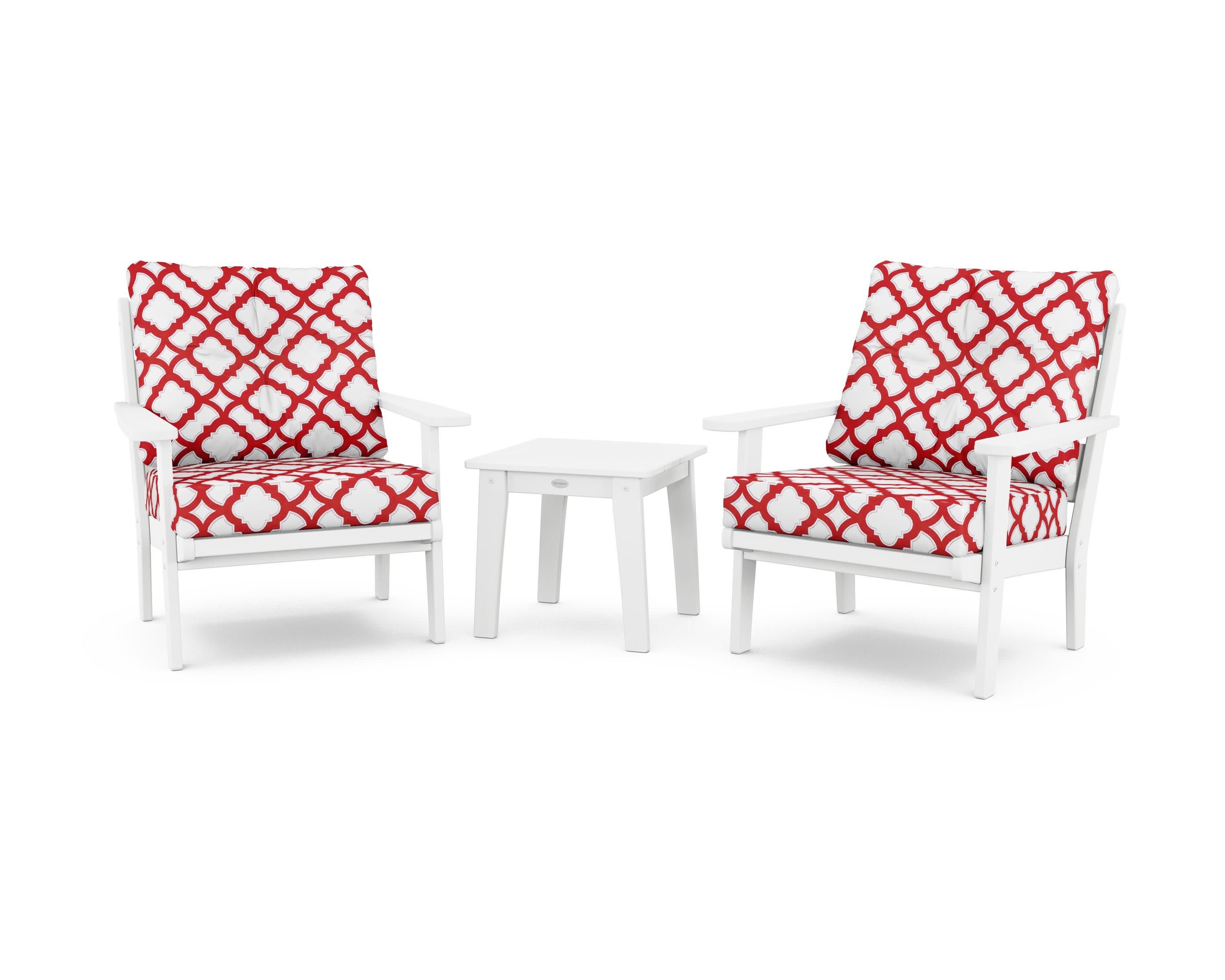 Lakeside 3-Piece Deep Seating Chair Set in White / Trellis Crimson