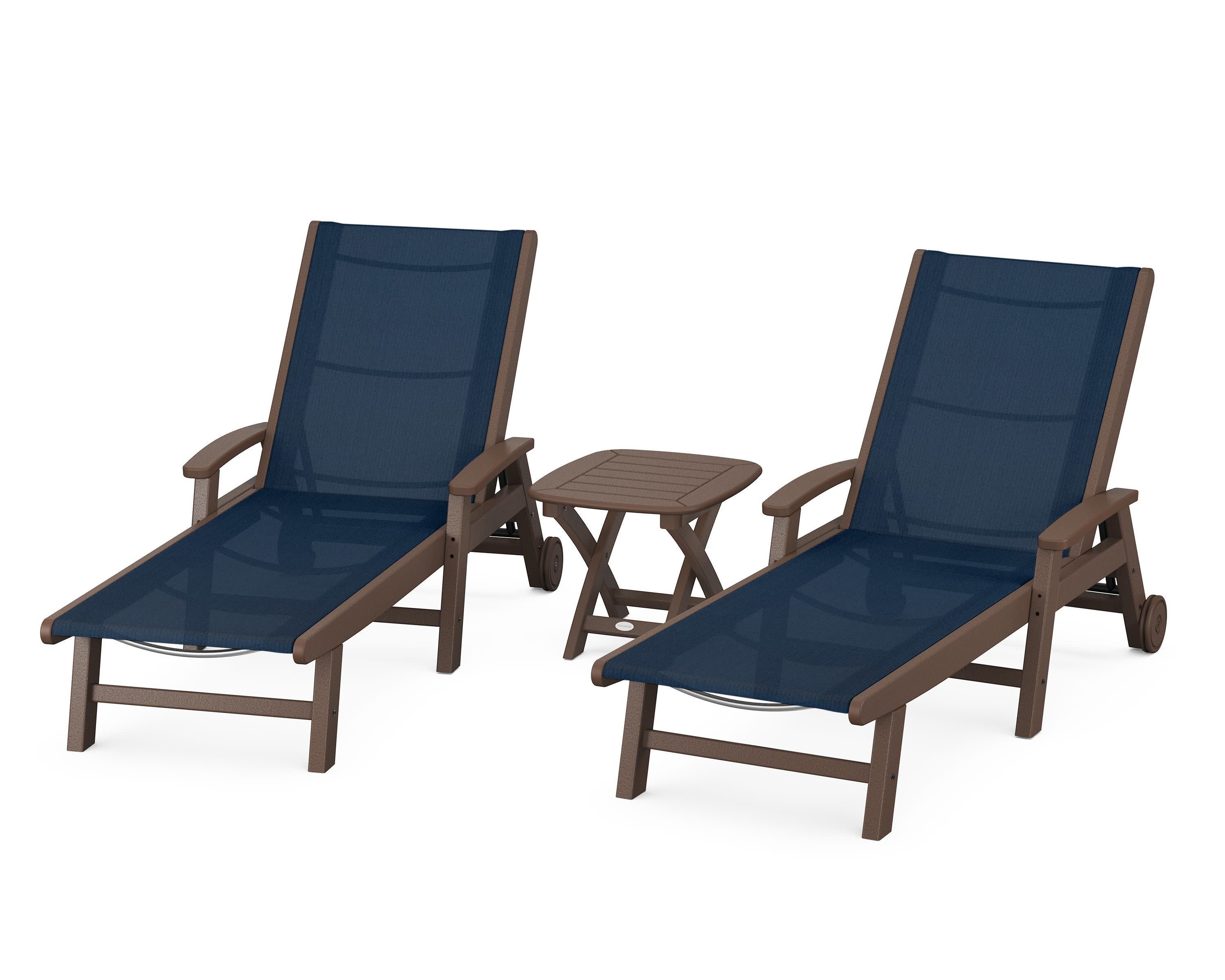 Coastal 3-Piece Wheeled Chaise Set in Mahogany / Navy Blue Sling