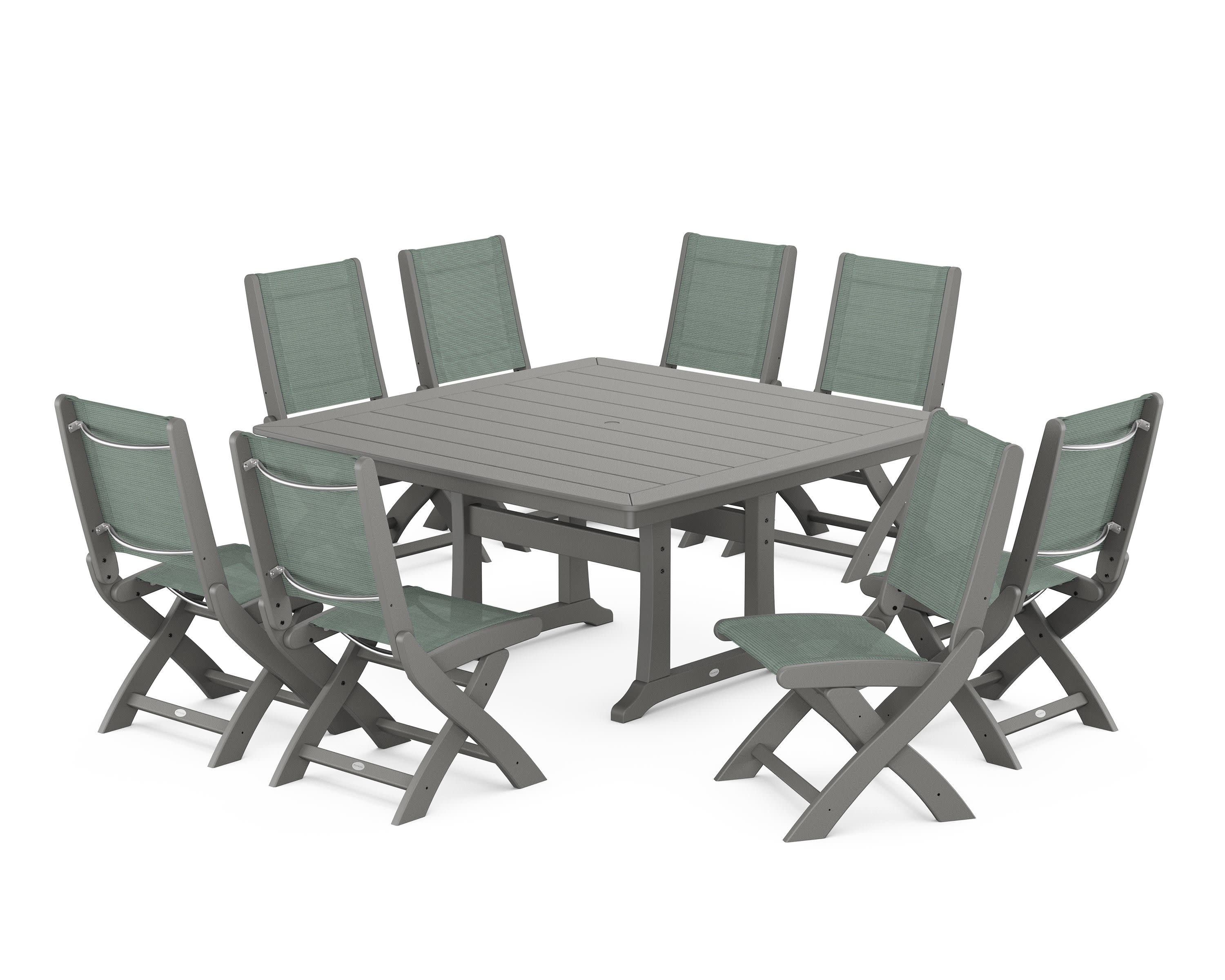 Coastal Folding Side Chair 9-Piece Dining Set with Trestle Legs in Slate Grey / Dupioni Sea Mist Sling