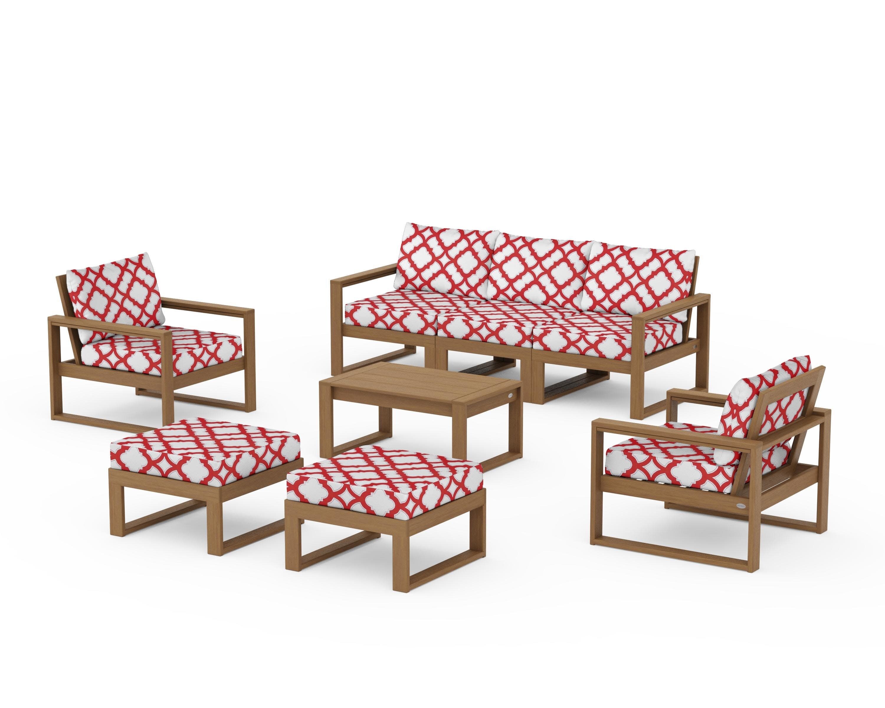 EDGE Sectional 8-Piece Lounge Sofa Set in Natural / Trellis Crimson
