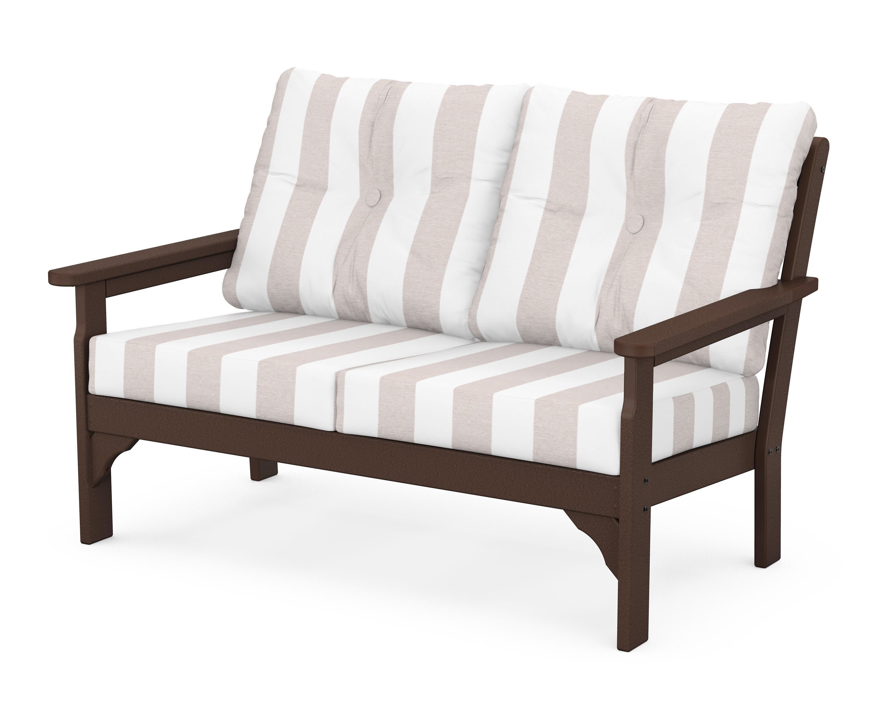Vineyard Deep Seating Loveseat in Mahogany / Cabana Stripe Dune Burlap