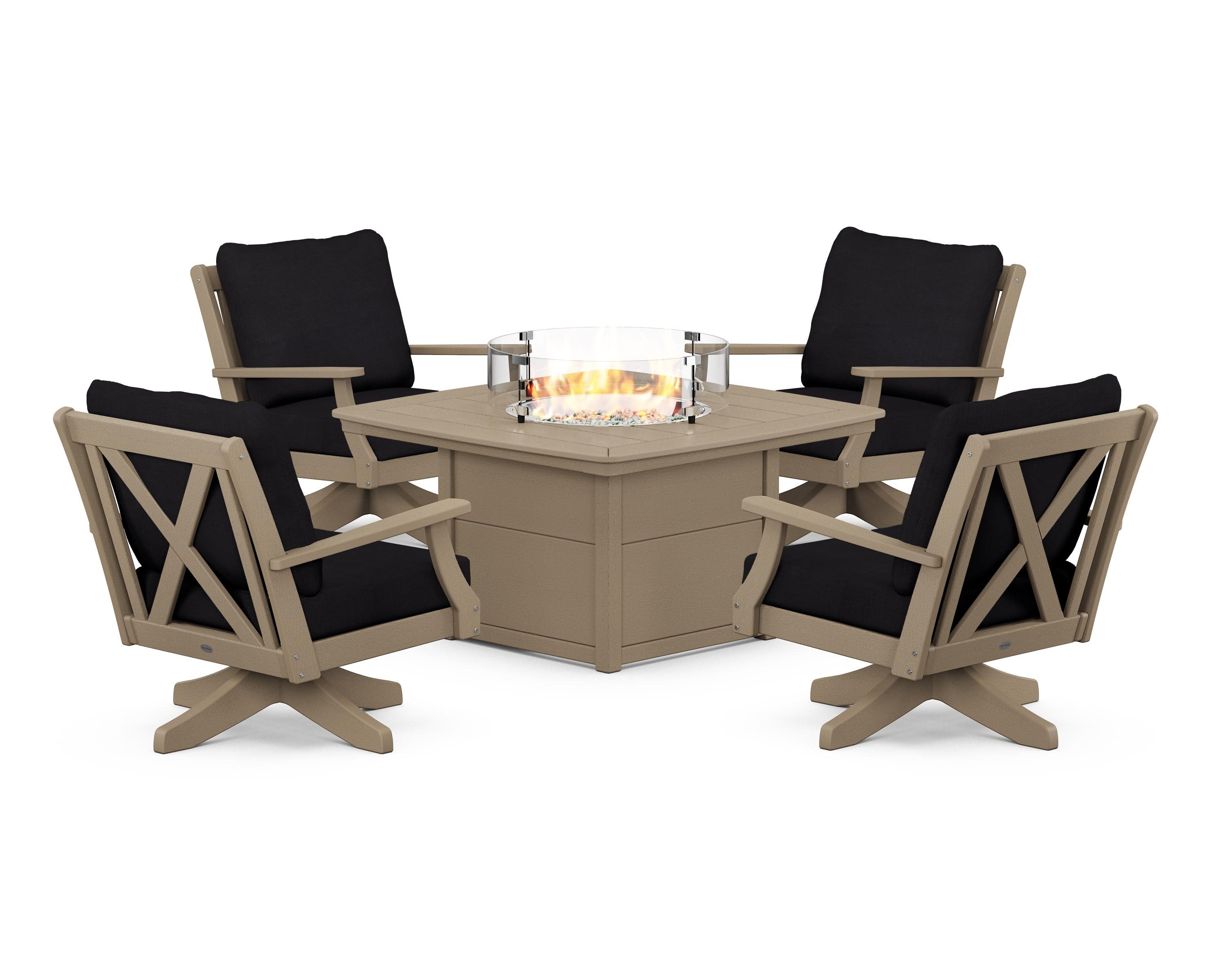 Braxton 5-Piece Deep Seating Swivel Conversation Set with Fire Pit Table in Vintage Sahara / Midnight Linen