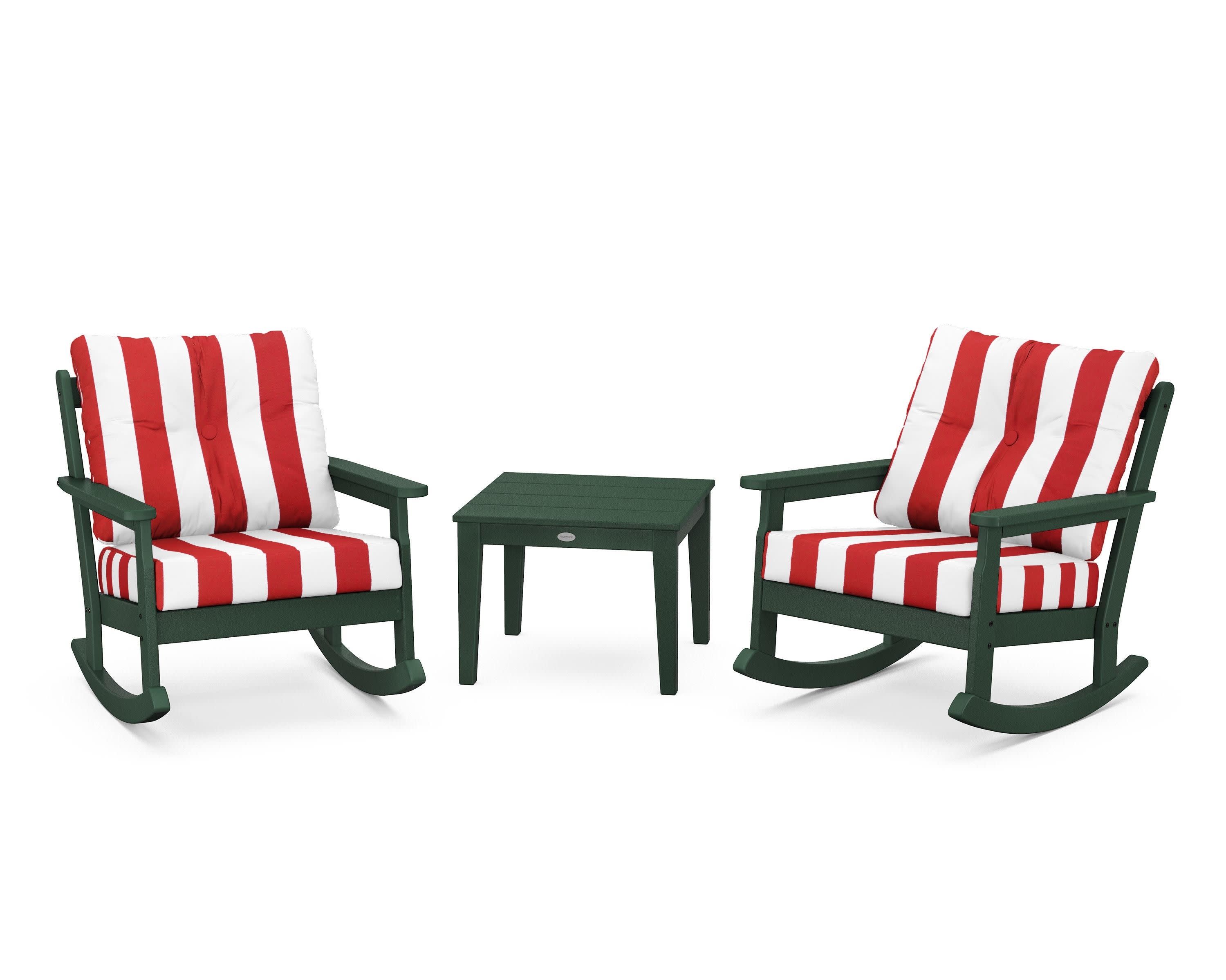 Vineyard 3-Piece Deep Seating Rocker Set in Green / Cabana Stripe Crimson