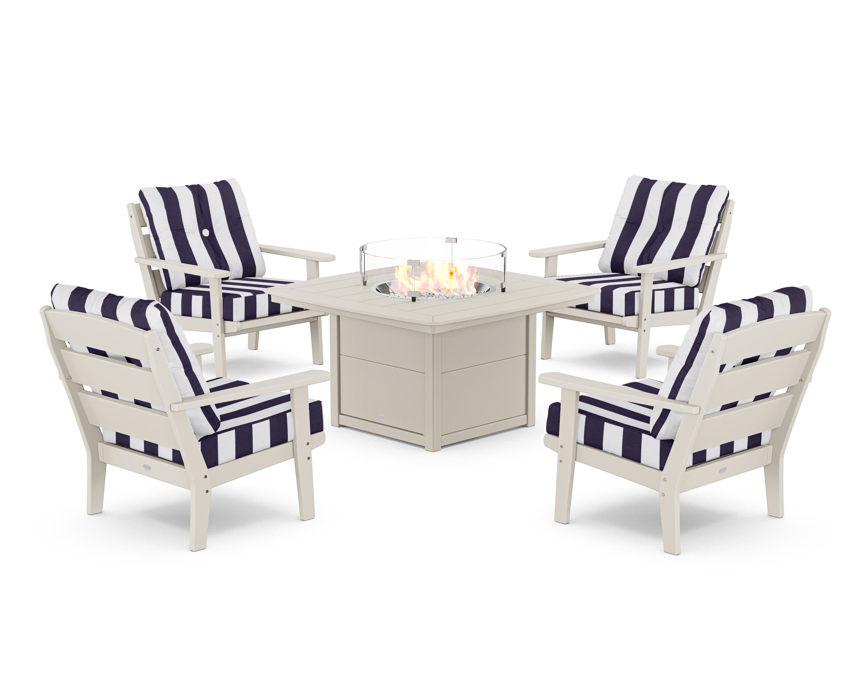 Lakeside 5-Piece Deep Seating Set with Nautical Fire Pit Table in Sand / Cabana Stripe Navy