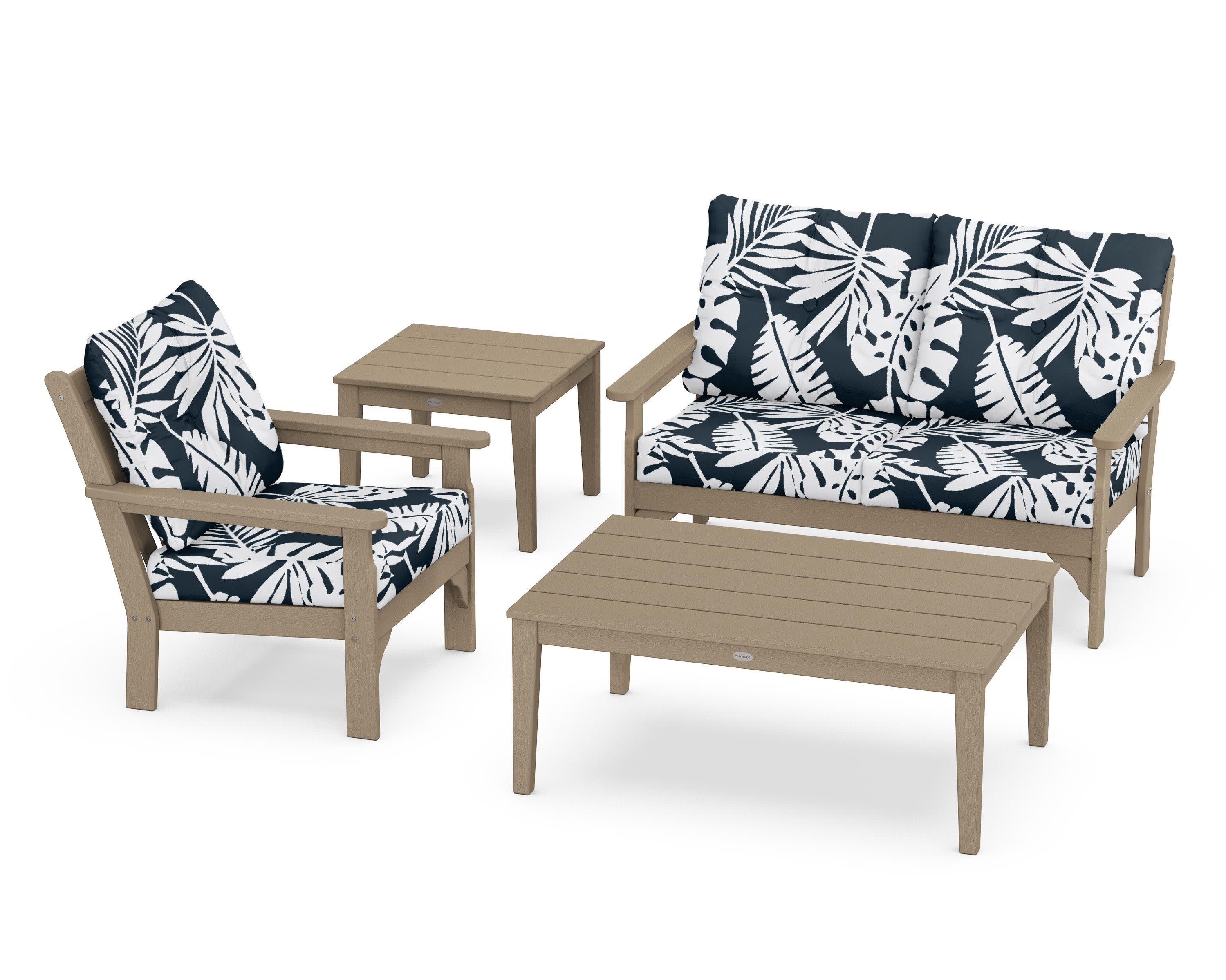 Vineyard 4-Piece Deep Seating Set in Vintage Sahara / Leaf Marine Indigo
