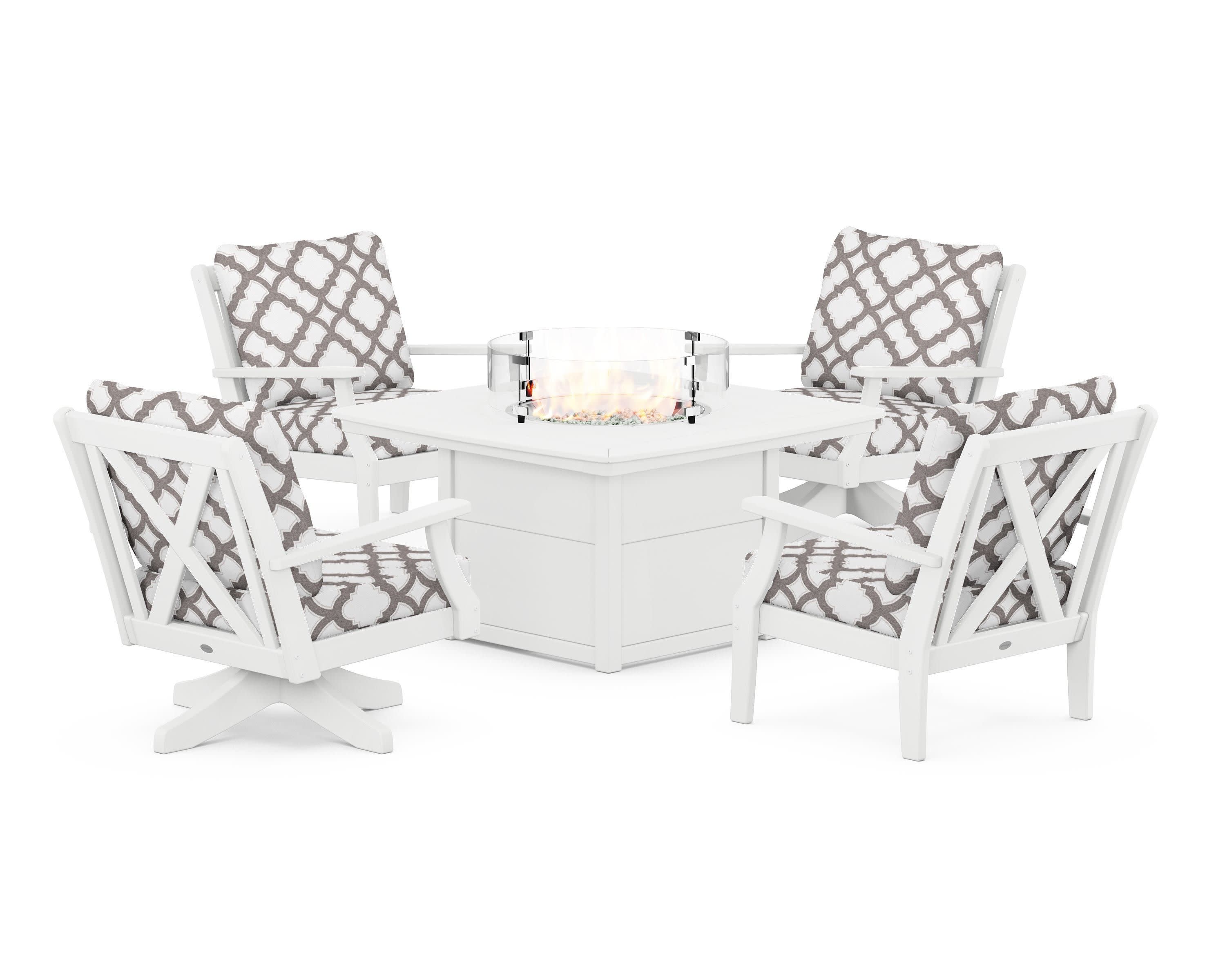 Braxton 5-Piece Deep Seating Set with Fire Table in White / Trellis Grey Mist