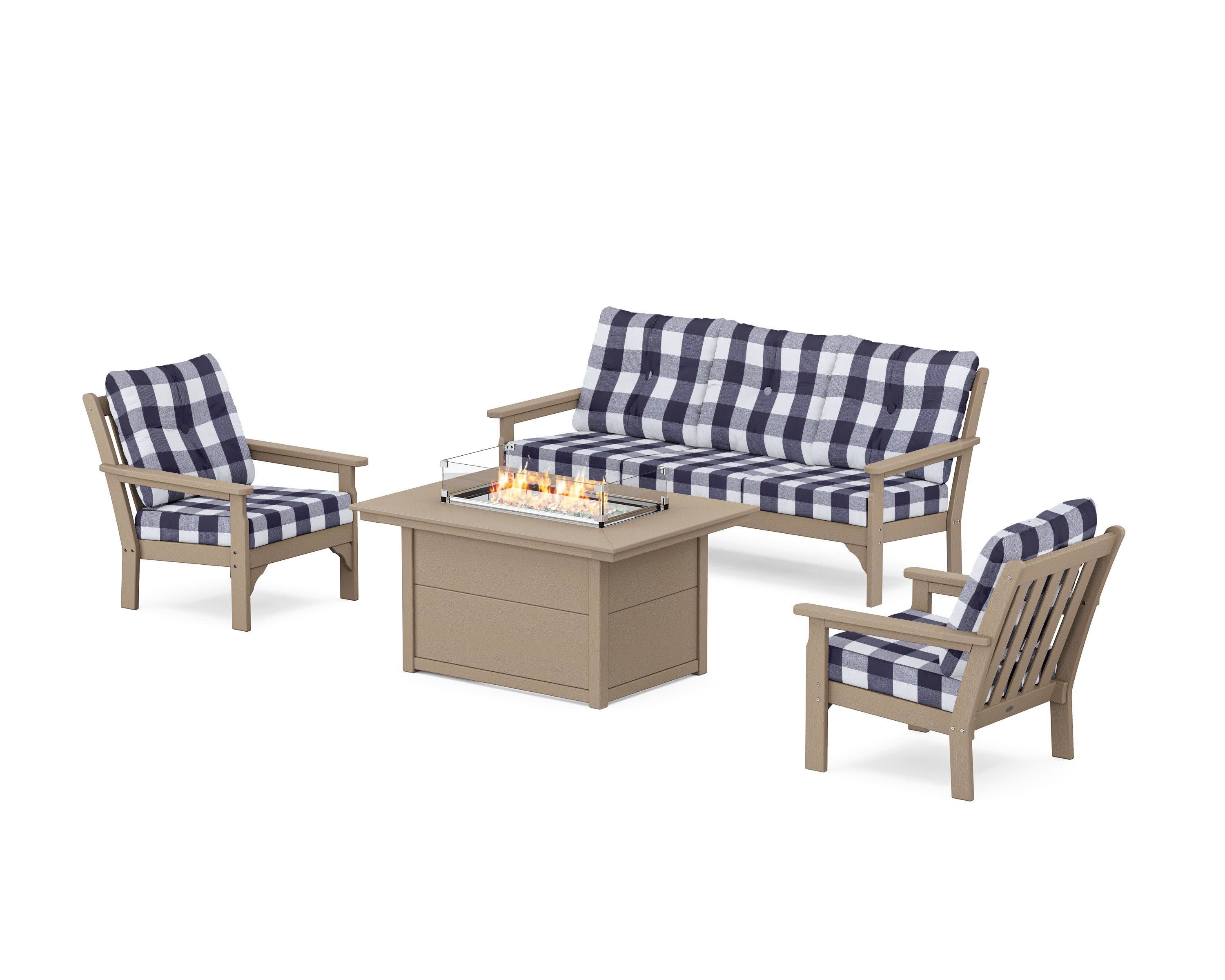 Vineyard Deep Seating Fire Pit Table Set in Vintage Sahara / Buffalo Plaid Navy