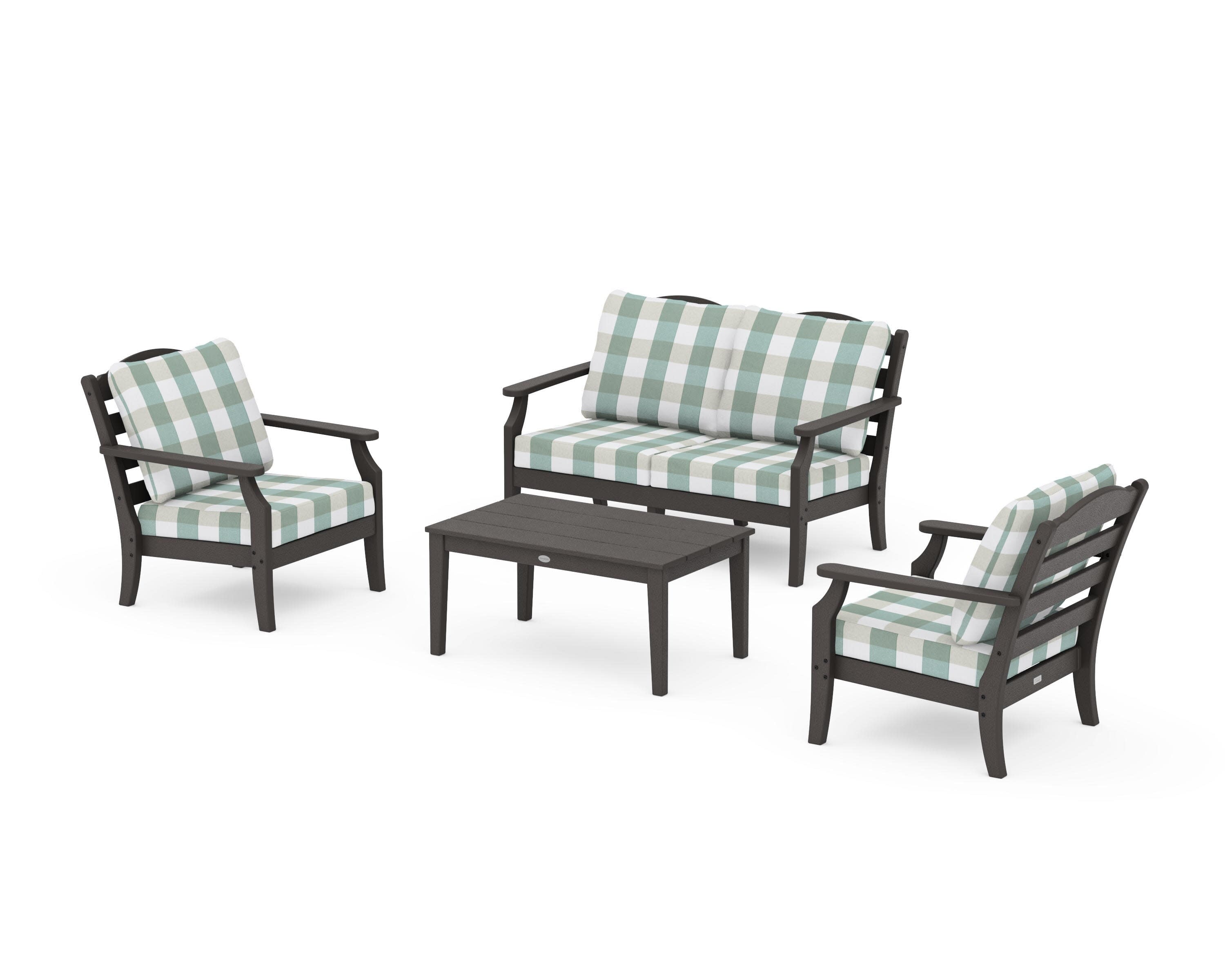 Savannah 4-Piece Deep Seating Set with Loveseat in Vintage Coffee / Buffalo Plaid Glacier Spa