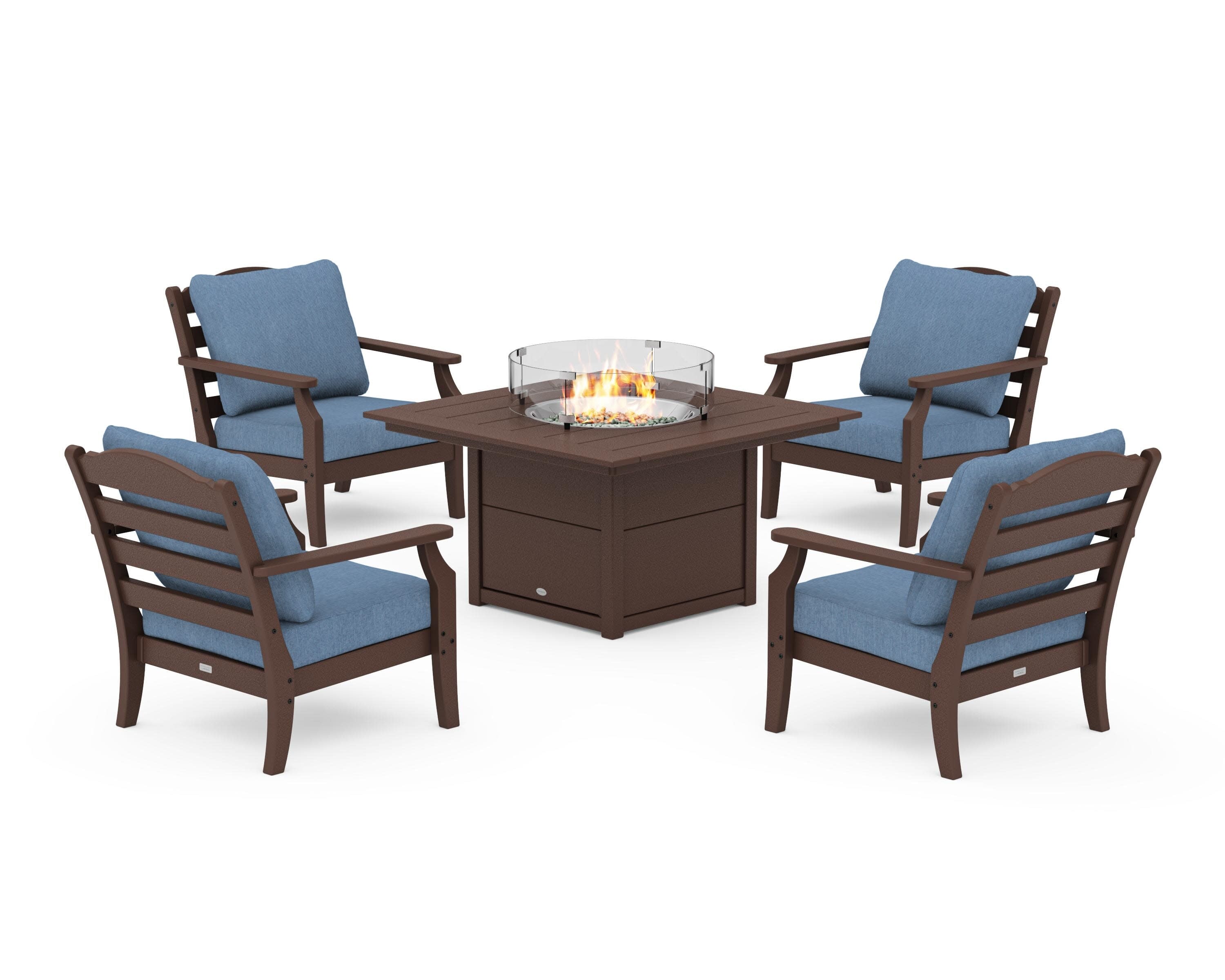 Savannah 5-Piece Deep Seating Set with Fire Pit Table in Mahogany / Sky Blue