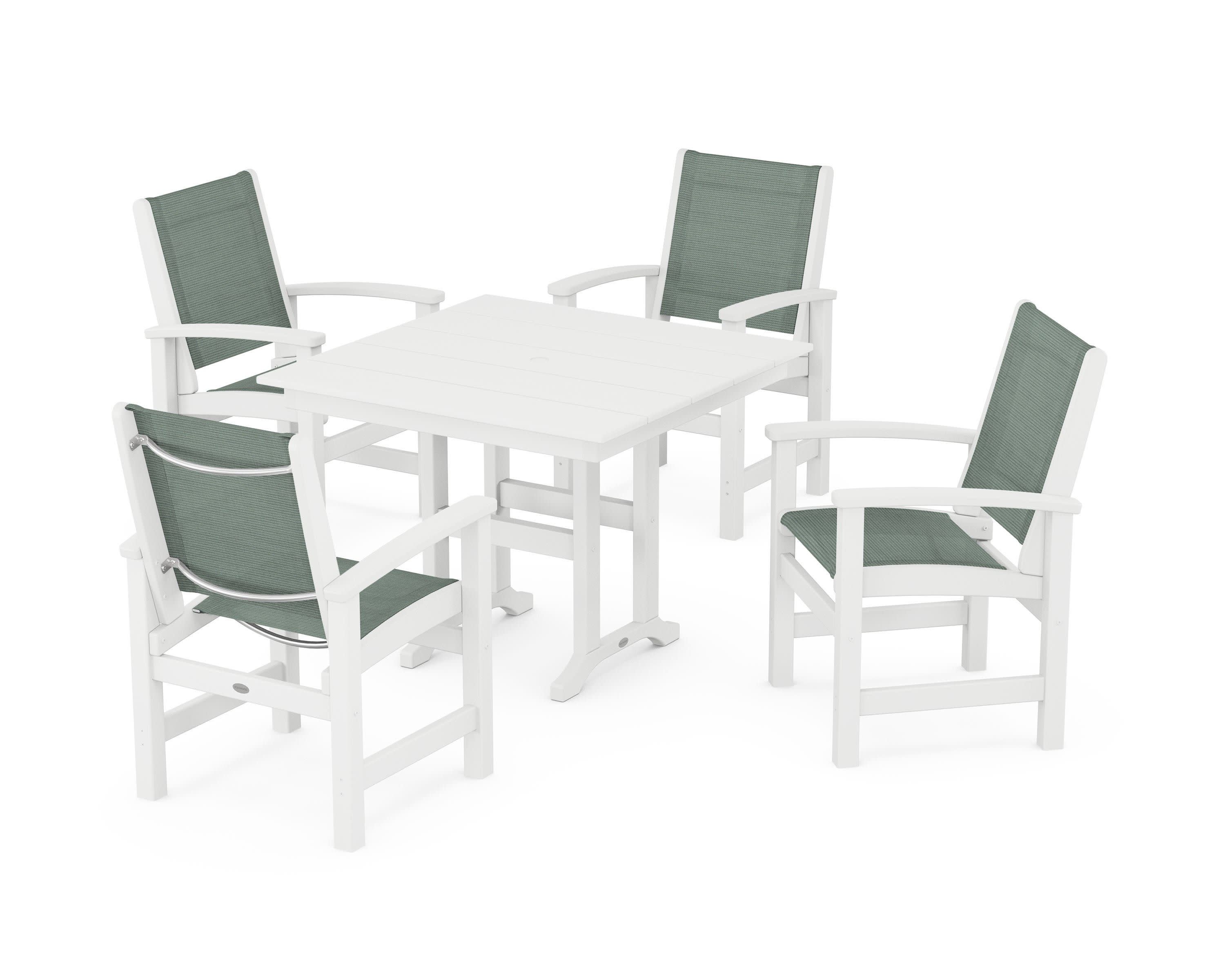 Coastal 5-Piece Farmhouse Dining Set in White / Dupioni Sea Mist Sling