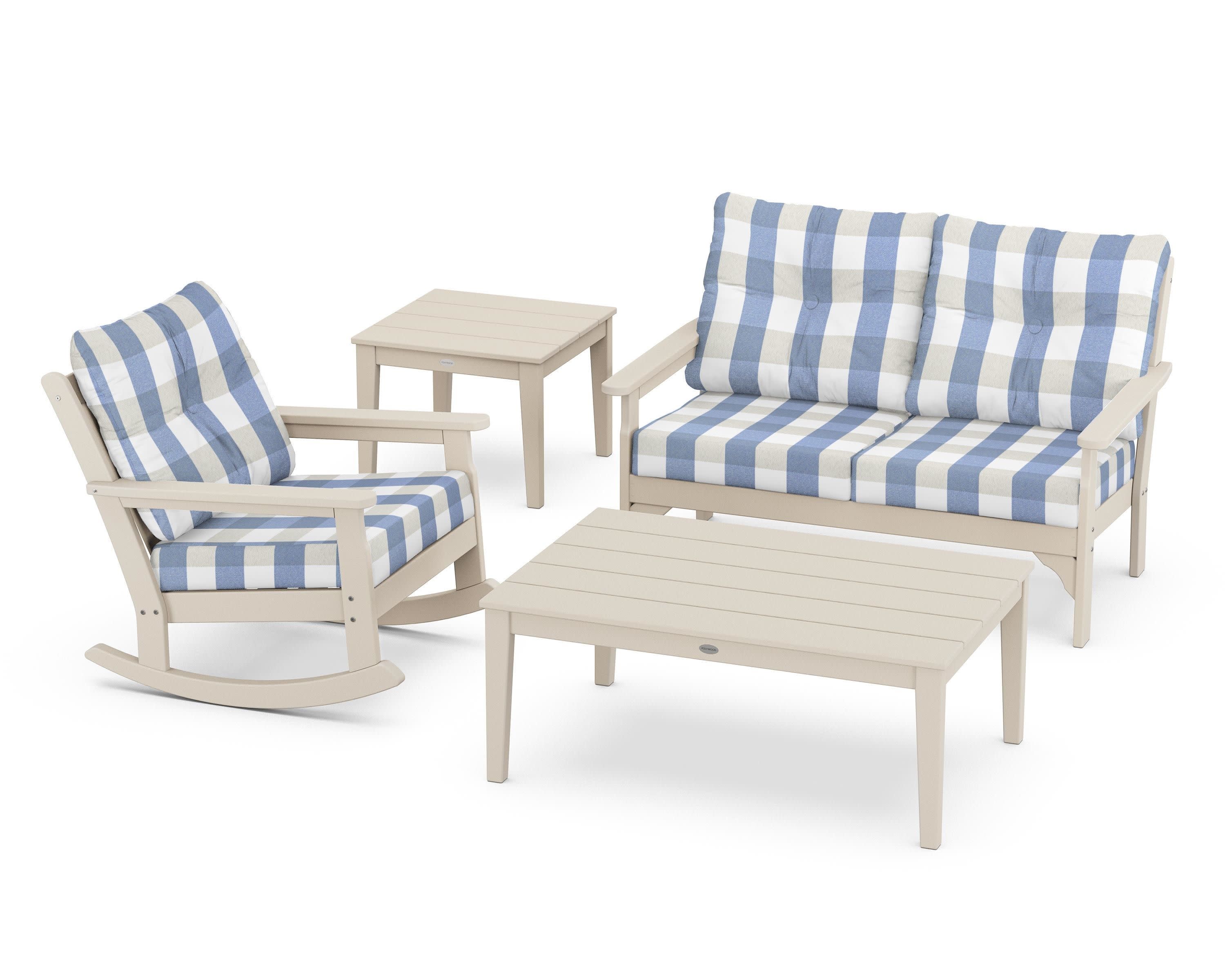 Vineyard 4-Piece Deep Seating Rocker Set in Sand / Buffalo Plaid Sky Blue