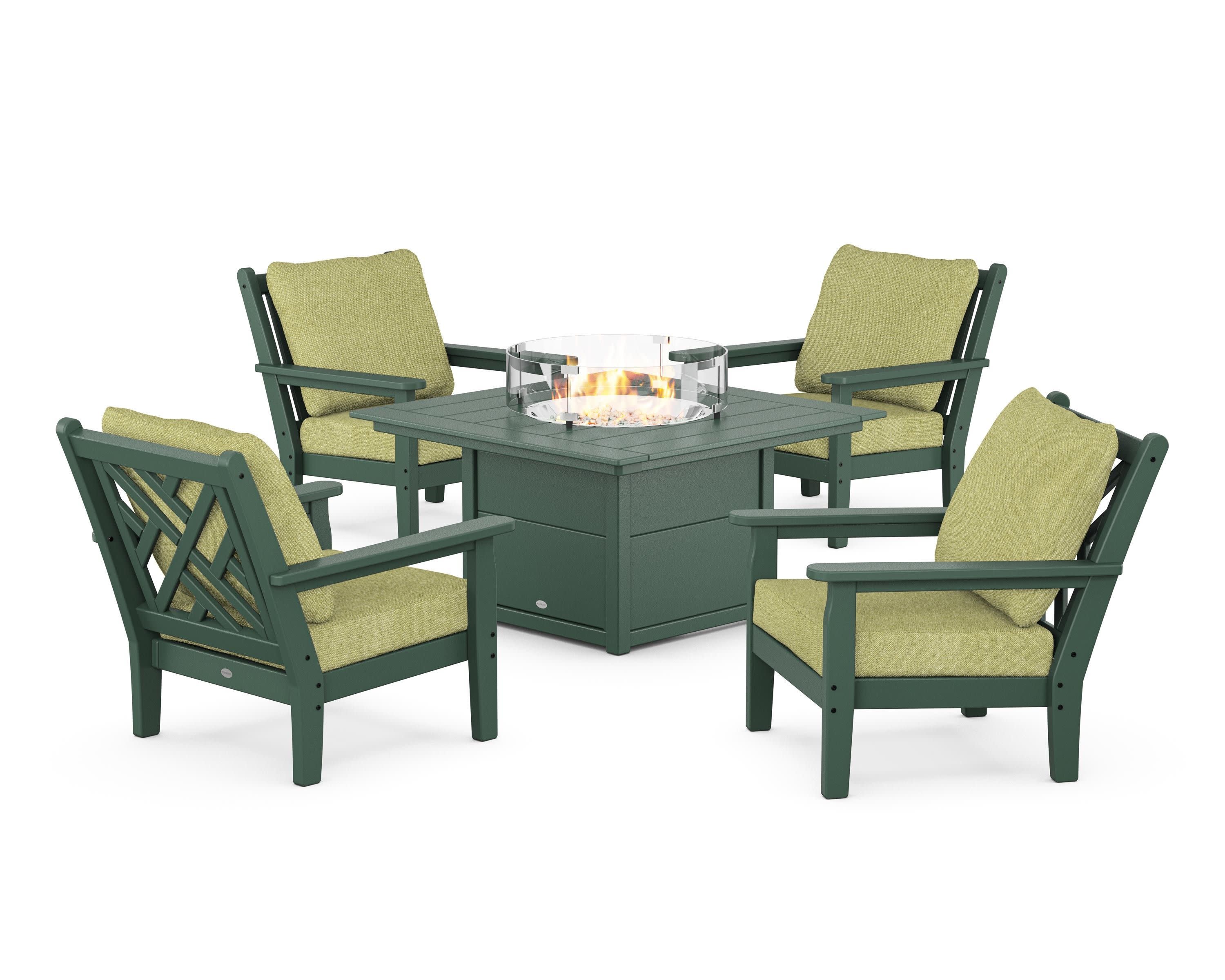 Chippendale 5-Piece Deep Seating Set with Fire Pit Table in Green / Chartreuse Boucle