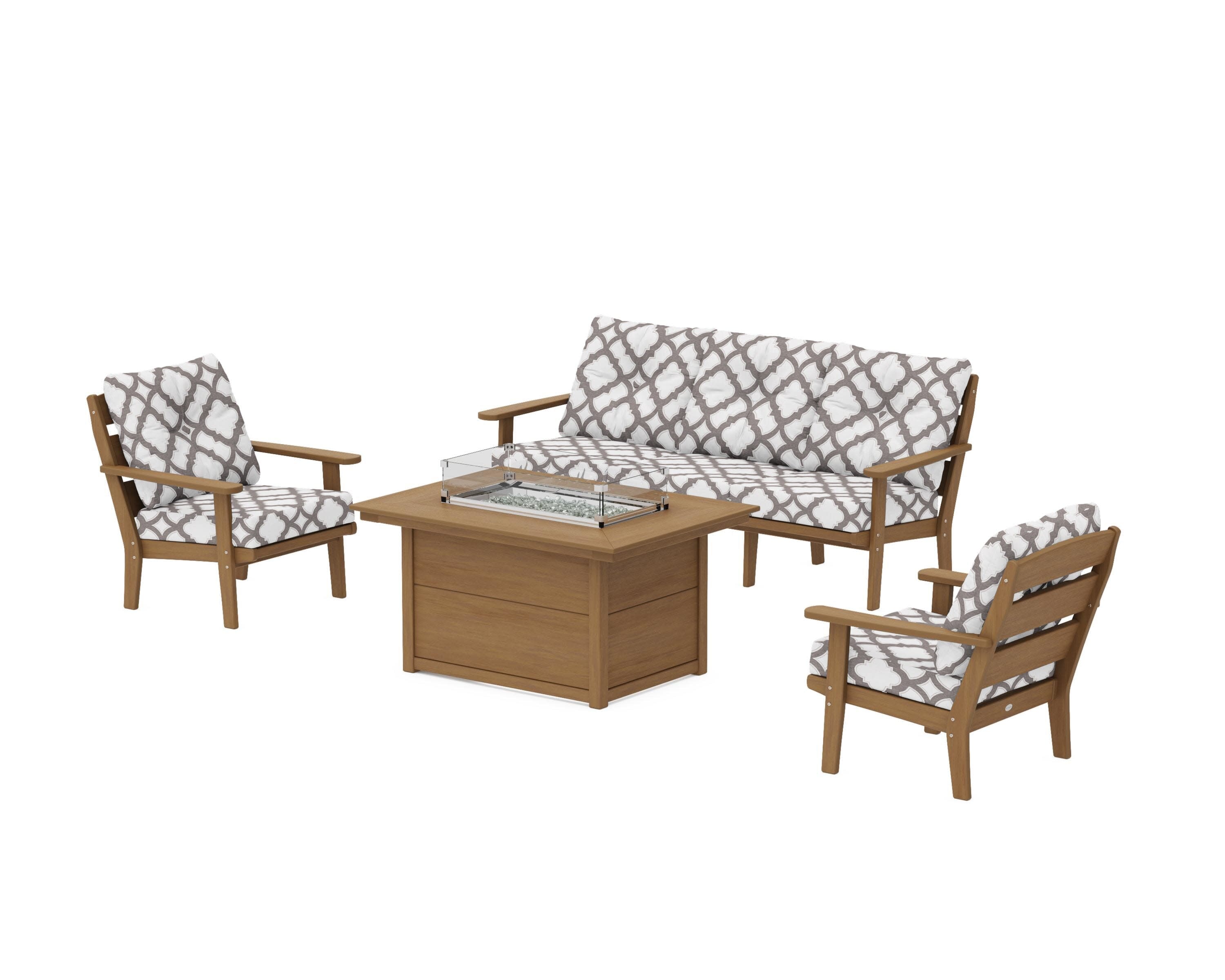 Lakeside Deep Seating Fire Pit Table Set in Natural / Trellis Grey Mist